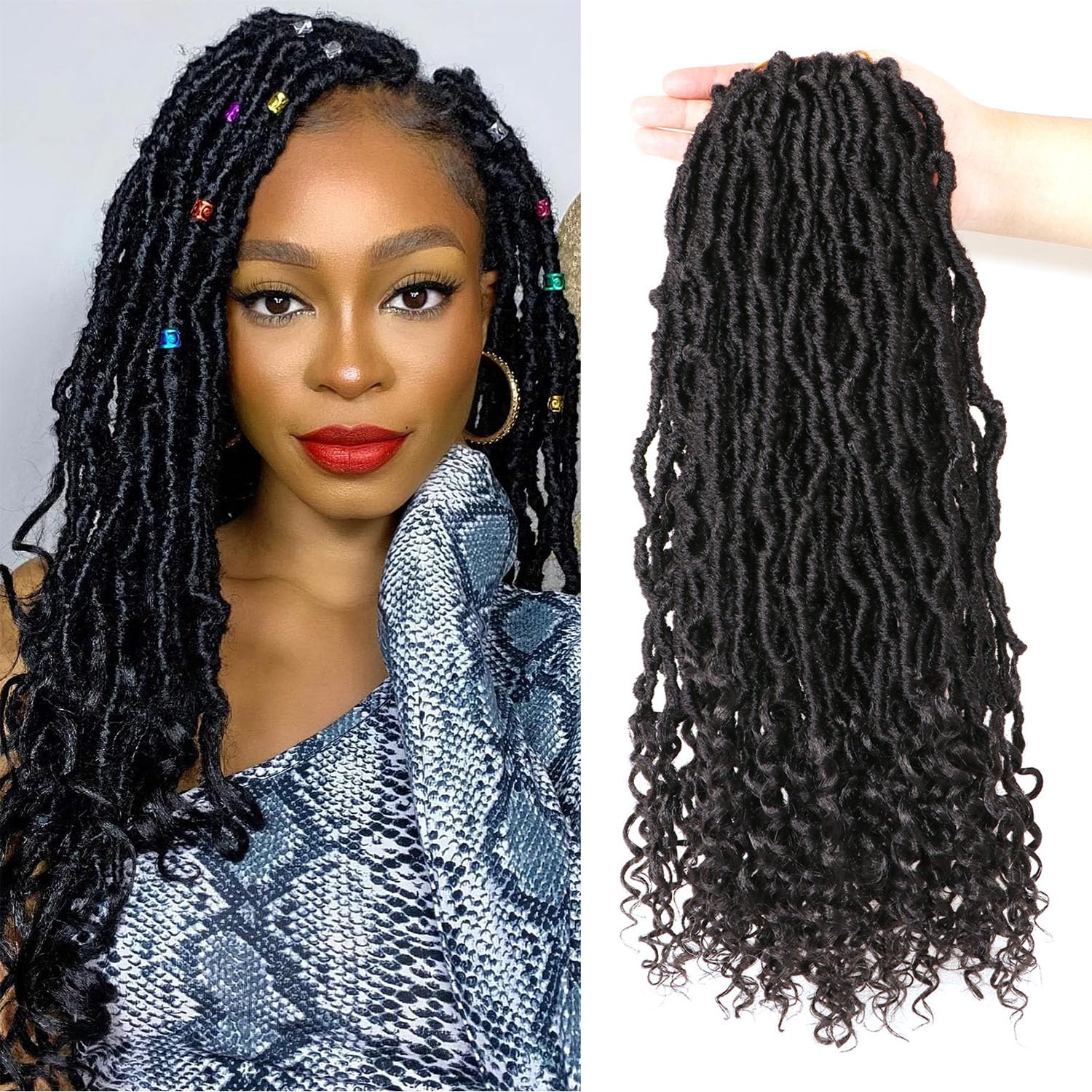 Faux Locs Crochet Hair-Soft Locs Crochet Braids Hair Extensions Goddess Braids Extensions Hair (#1B, 18Inch (Pack of 8) curly end)