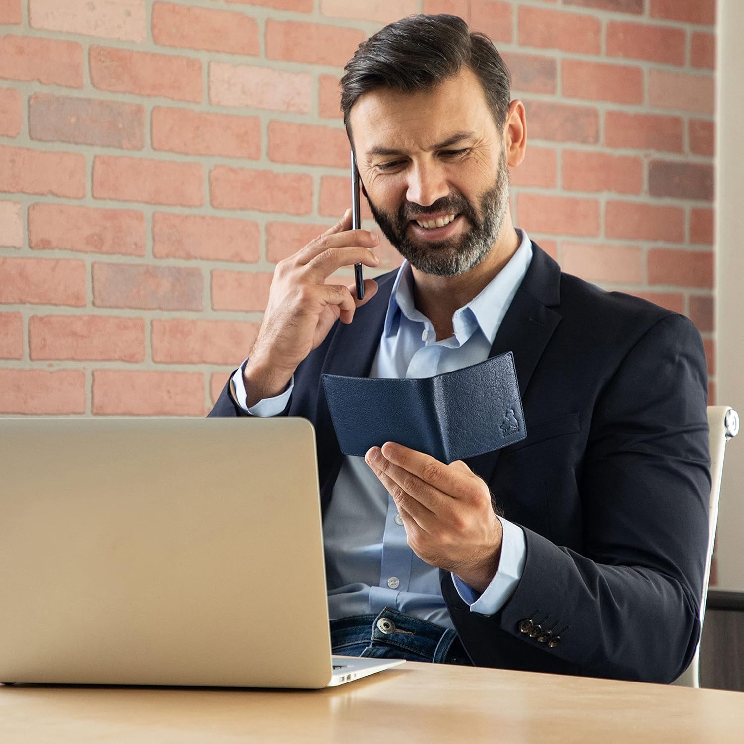RFID Bifold Leather Wallet For Men with Flip Up ID Secure and Durable Extra Capacity Billfold with 11 Credit Cards in Vintage Buffalo Blue, Tight Stitching & Quick Thumb Push Access, Gift Boxed - Image 3