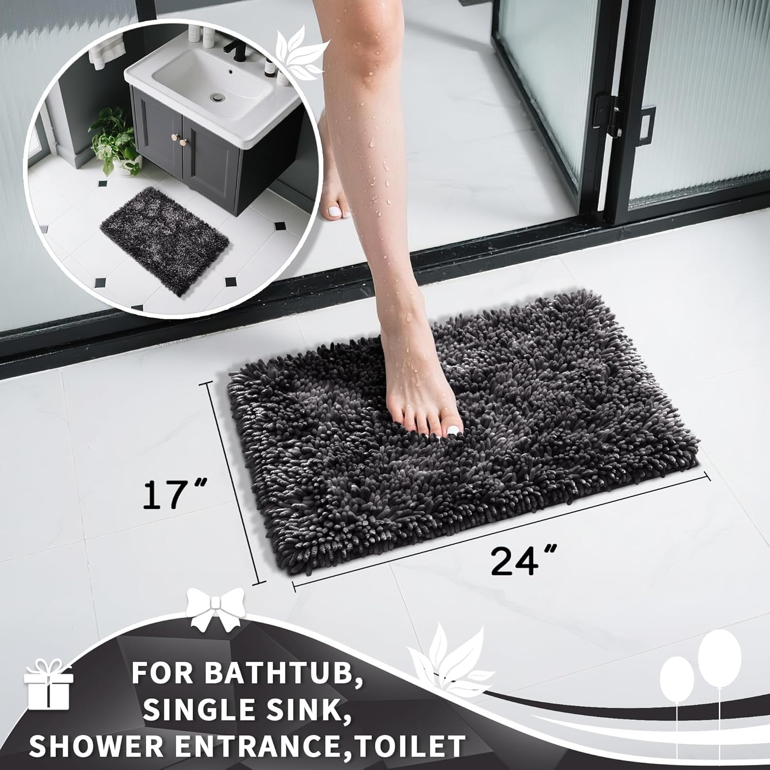 Yimobra Chenille Bathroom Rugs Non Slip, Extra Thick Soft Absorbent Bath Rug, Machine Washable Quick Dry Bath Mat for Bathroom Floor, Tub and Shower, Home Decor Accessories, 24x17, Dark Grey - Image 4