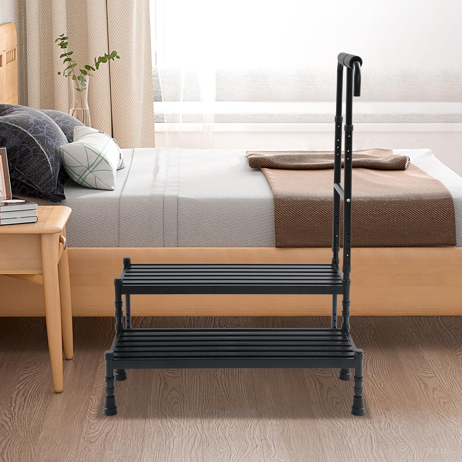 Scala a 2 gradini con manico di sicurezza elevato, gradino per camper e casa in acciaio al carbonio, antiscivolo con ampia superficie per cucina, biblioteca garage