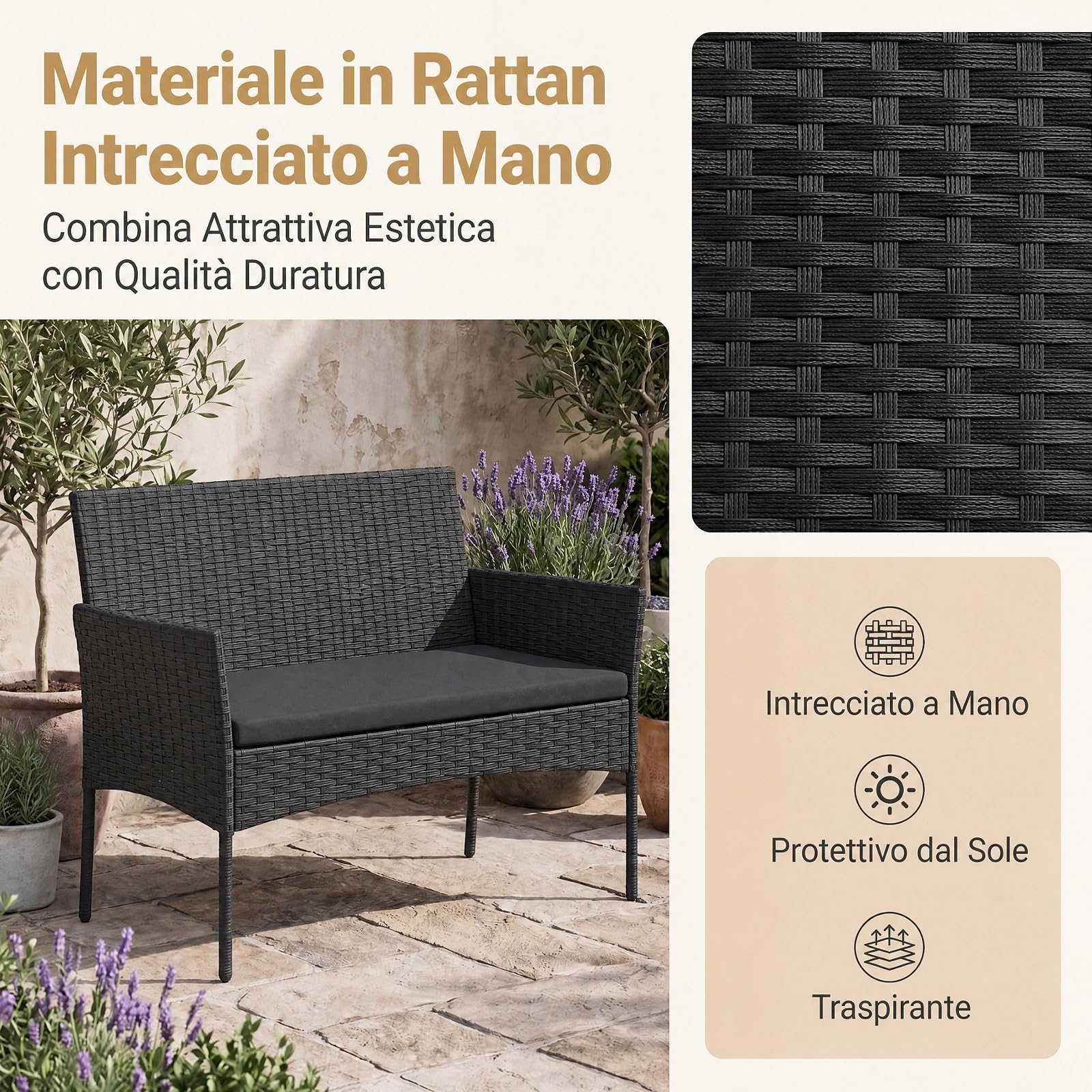 SOARS Salotto da Giardino 4 Pezzi, Set da Esterno in Rattan con 1 Divano 2 Posti, 2 Poltrone, 1 Tavolino in Vetro Temperato, Set Mobili da Giardino con Cuscini per Balcone, Terrazzo (Nero)