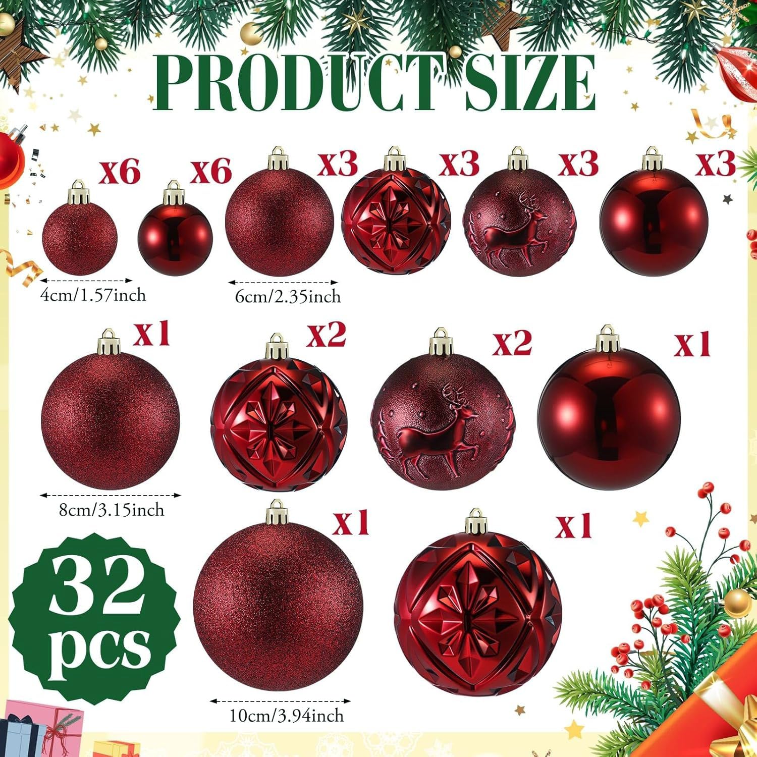 Soulchen 32-teiliges burgunderrote Weihnachtskugeln-Set, bruchsichere Weihnachtskugeln, sortiert, galvanisiert, Weihnachtsdekorationen für Weihnachten, Urlaub, Party, Hochzeit, Heimdekoration, 4 Stile