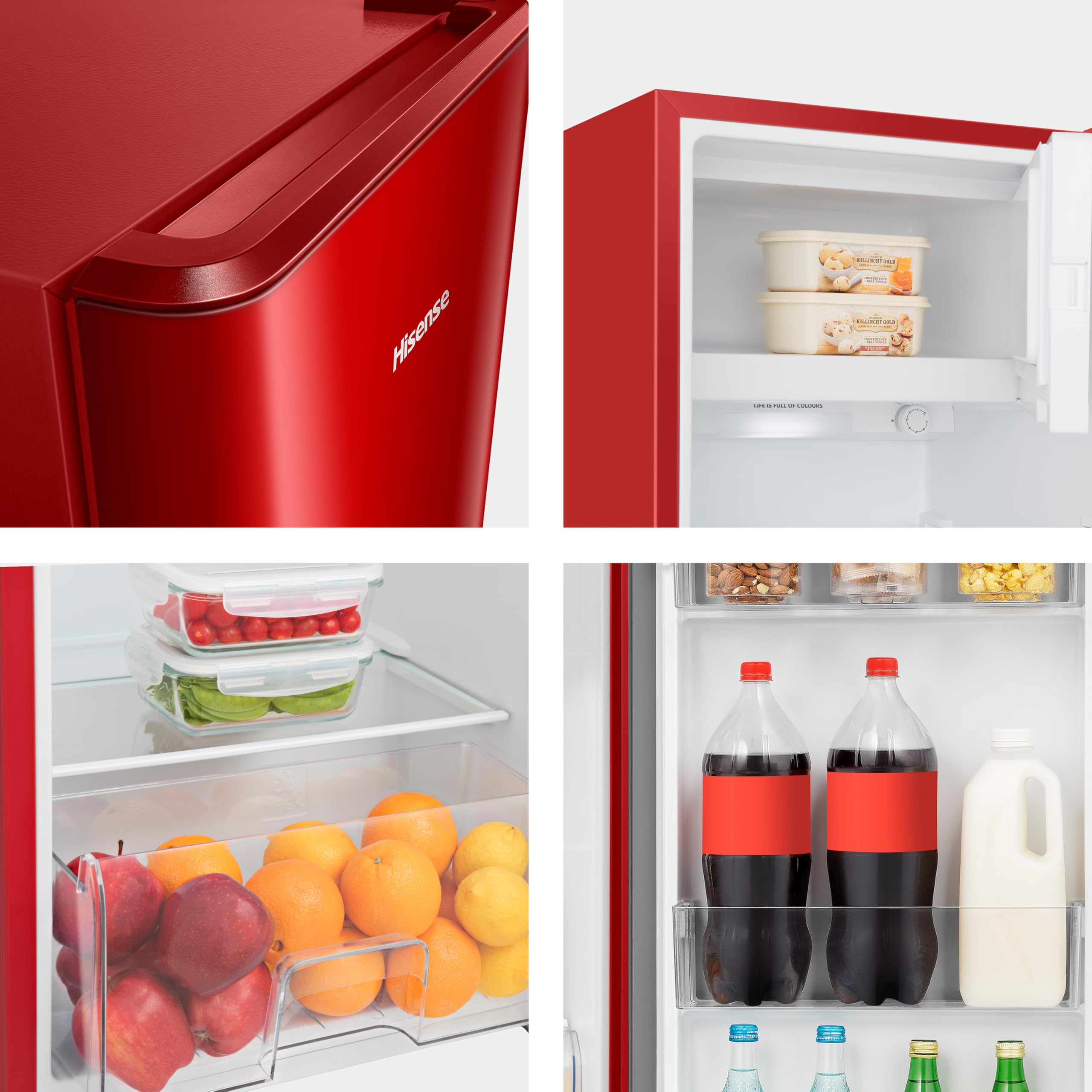 Hisense RR220D4BRE - Frigorífico Una Puerta, Congelador Freeze Zone, 165 L de capacidad, 128 cm alto, Class E, Botellero, Cycle Defrost (Cíclico), Cajón Frutas Y Verduras, Color Rojo