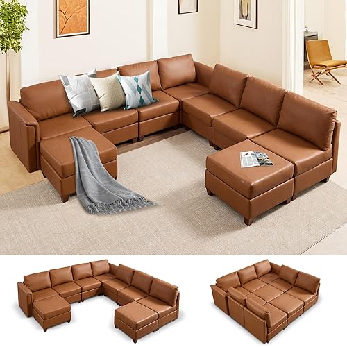 115" Modular Sectional Sofa with Storage, Faux Leather Sectional Couch Comfy Cloud Couches with Movable Ottoman for Living Room Bedroom Apartment (Brown, Sofa-9 Seat)