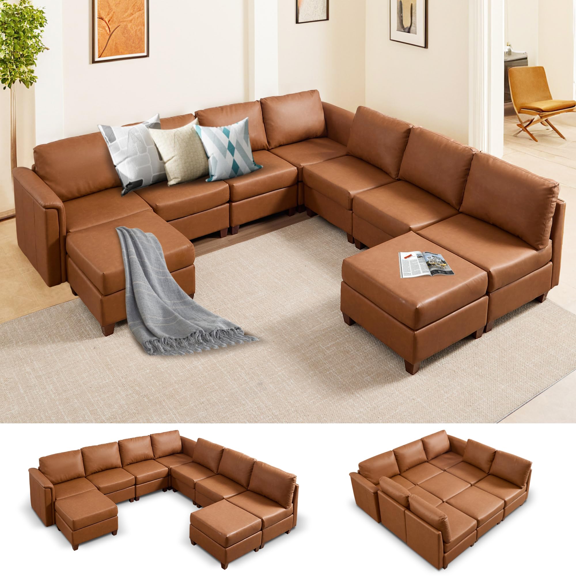 115 Faux Leather Modular Sectional Sofa with Storage Modern Sectional Couches with Soft Padded Armrests Waterproof U Shaped