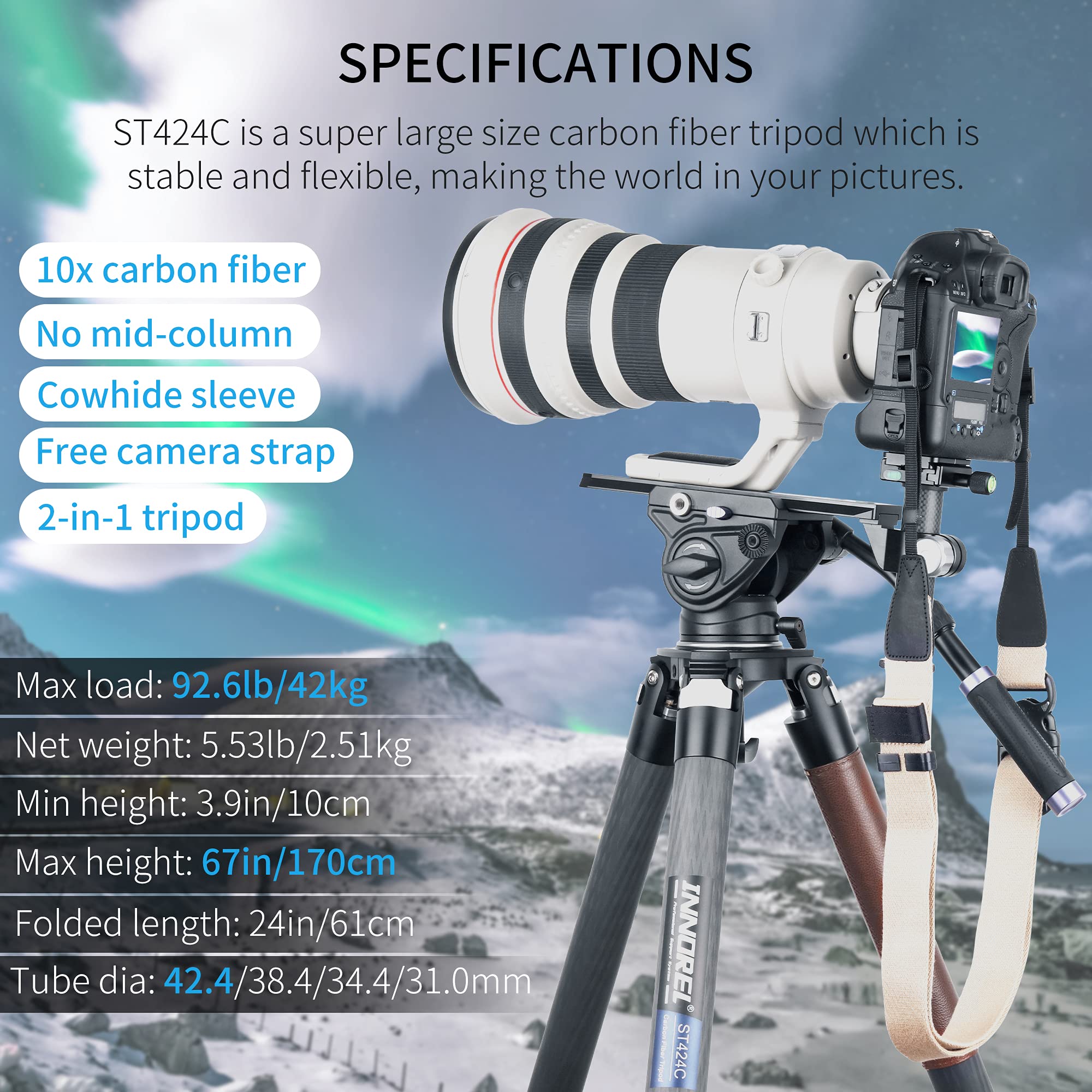 Treppiede in fibra di carbonio INNOREL ST424C Supporto per fotocamera professionale per impieghi gravosi con adattatore per ciotola da 75 mm tubo da 42,4 mm Carico massimo 42 kg Altezza massima 170 cm
