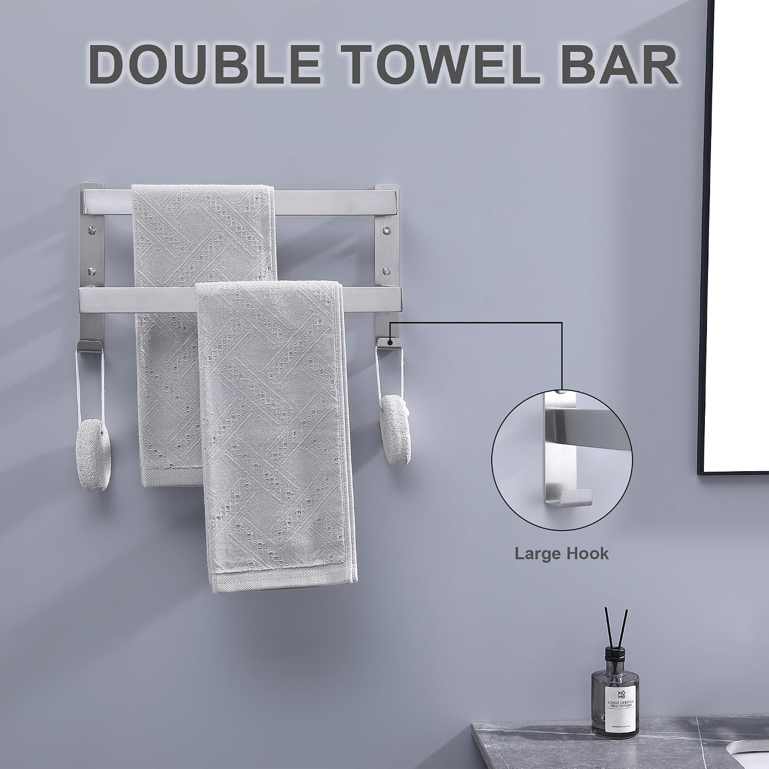 double towel bar towel racks for bathroom, bath towel holders wall mount, stainless steel towels shelves towel rail, 2-tiers (brushed nickel, 16 inches) brushed nickel 16 inches