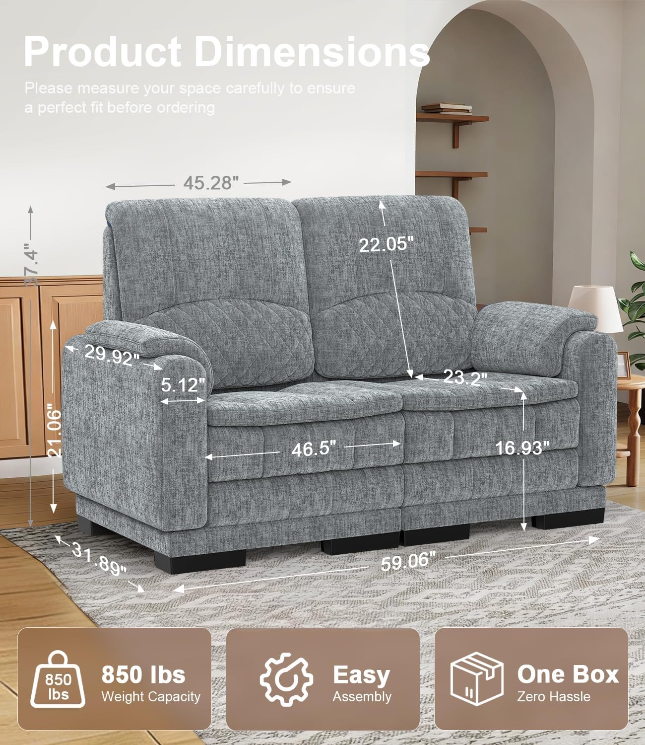 Modular Sectional Sofa Couches for Living Room, Comfortable Boneless Cloud Couch, Modern Loveseat Sofa Cozy Deep Seat Sofa, Collapse Prevention Reinforcement Easy Assembly (Chenille,Grey)