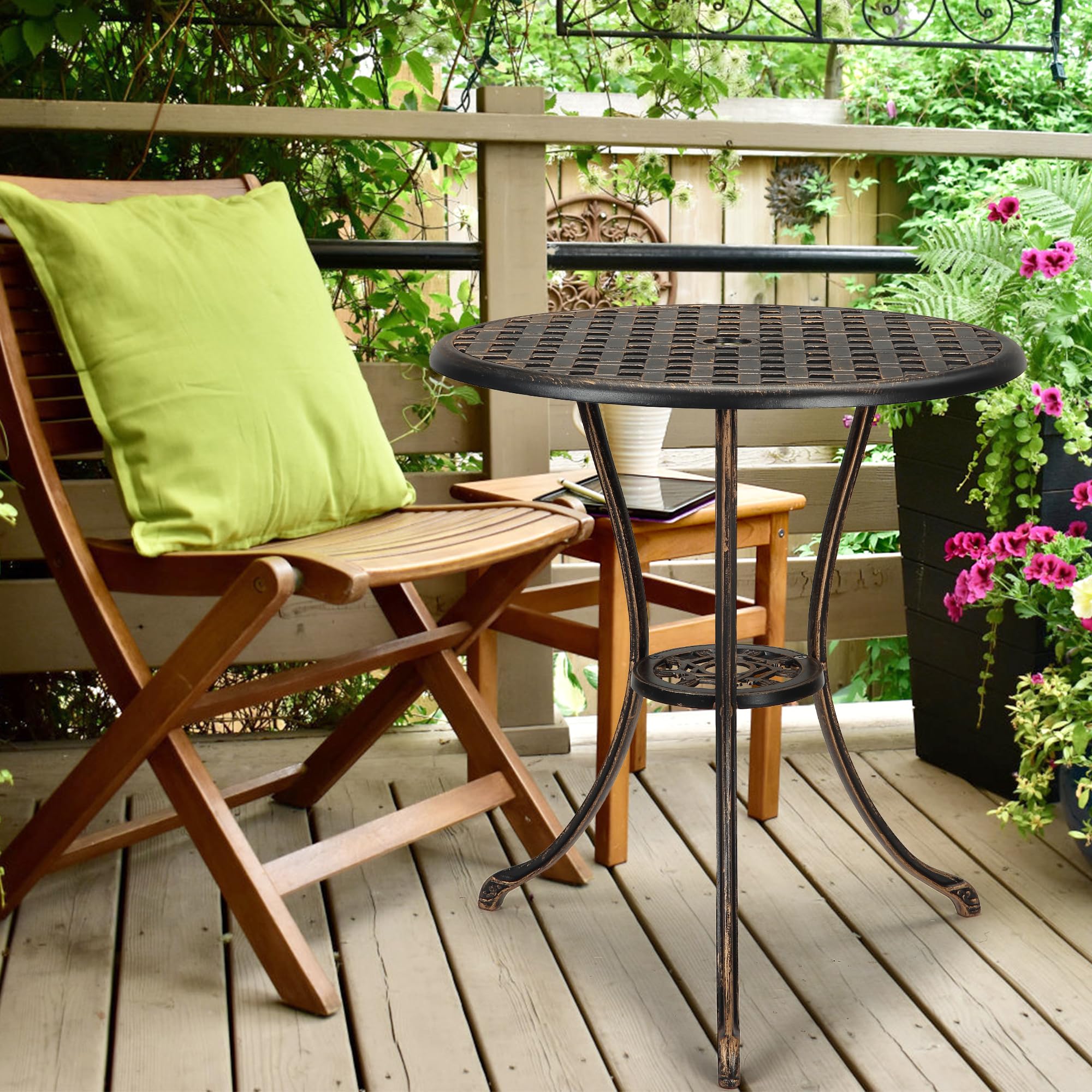 Zstar Table de Jardin Ronde en Fonte d'Aluminium avec Trou de Parasol 5 cm Table de Bistro Extérieure Vintage Ø61 cm pour Balcon Terrasse Patio Jardin Bronze