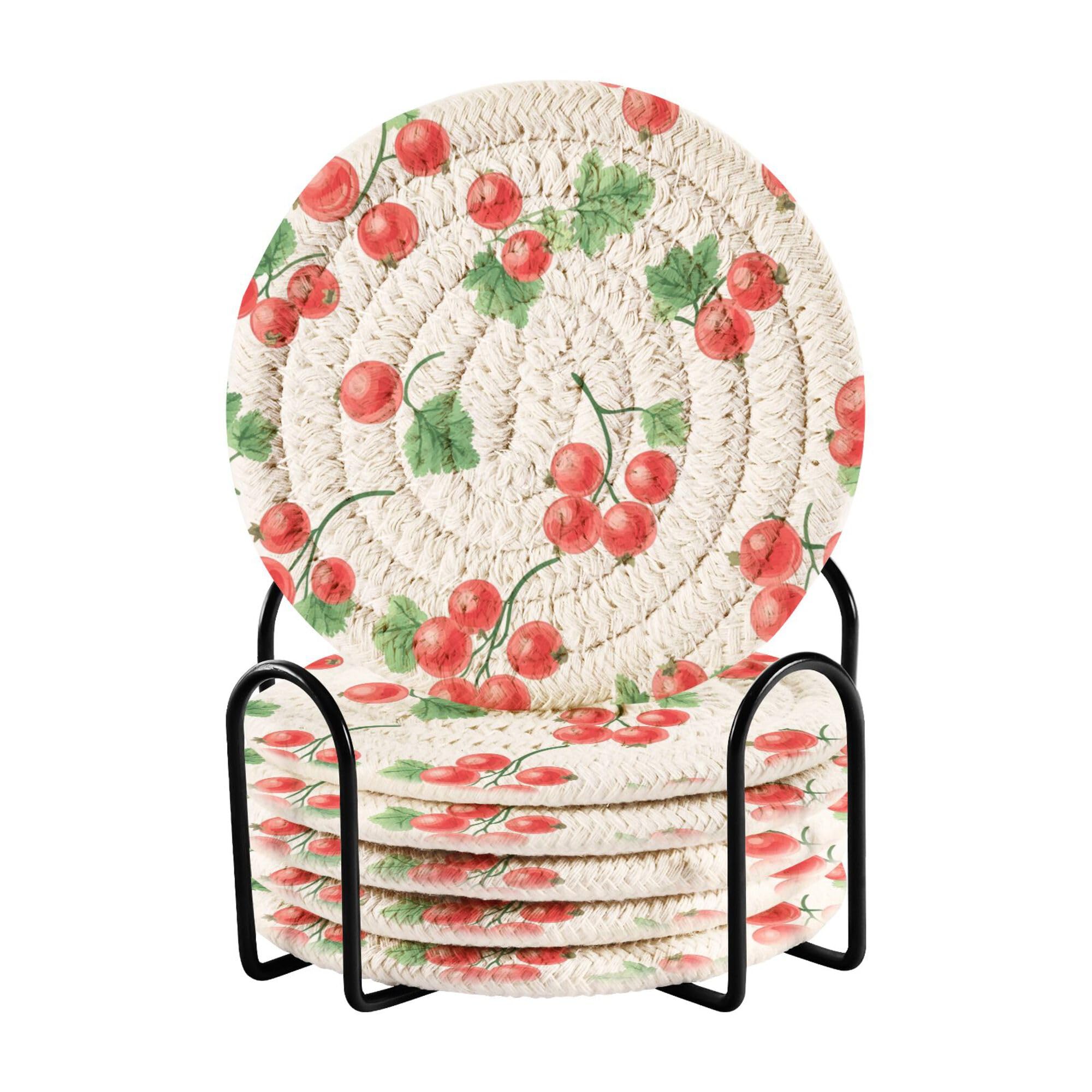 Cute Redcurrant Fruit White Cotton Rope Drink Coasters Absorbent and Holder Set of 6 Coffee Table Coasters