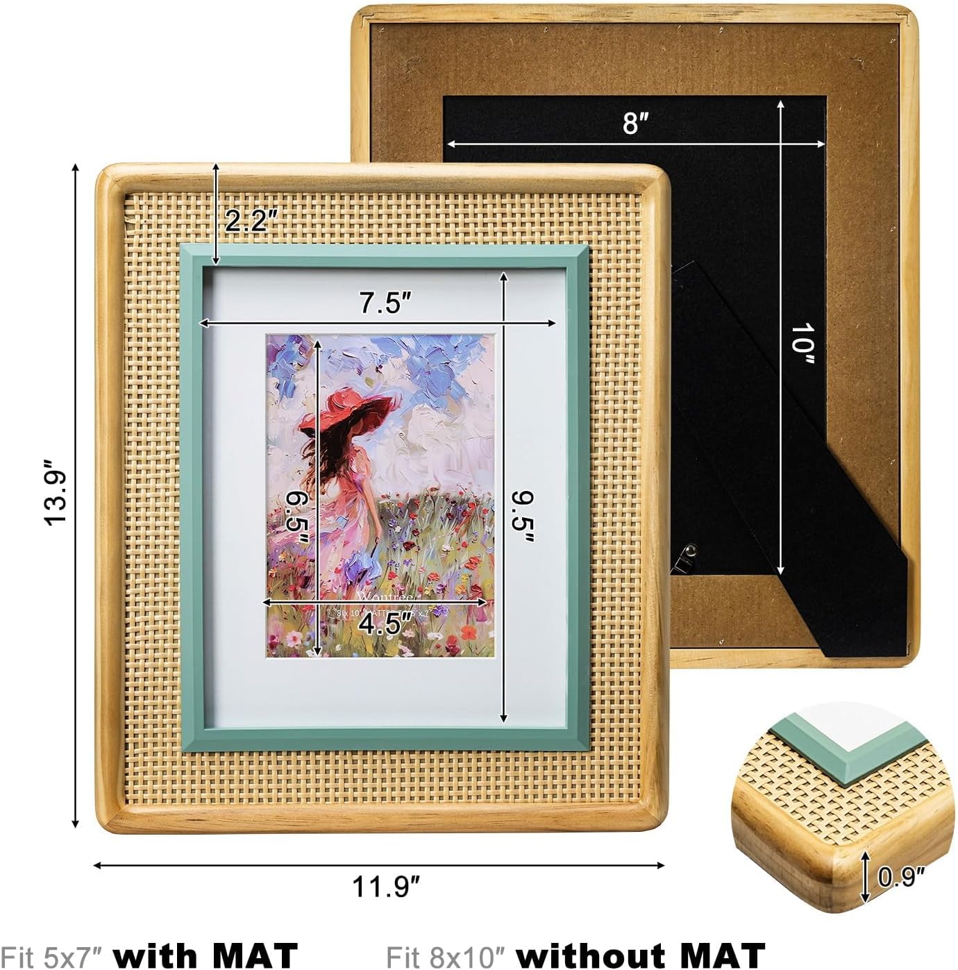 8x10 Picture Frame with Rattan & Mat, Bohemian Style in Natural Pine Wood and Turquoise with Real Glass - for 5x7 & 8x10 Photos, Desk or Wall Hanging Display