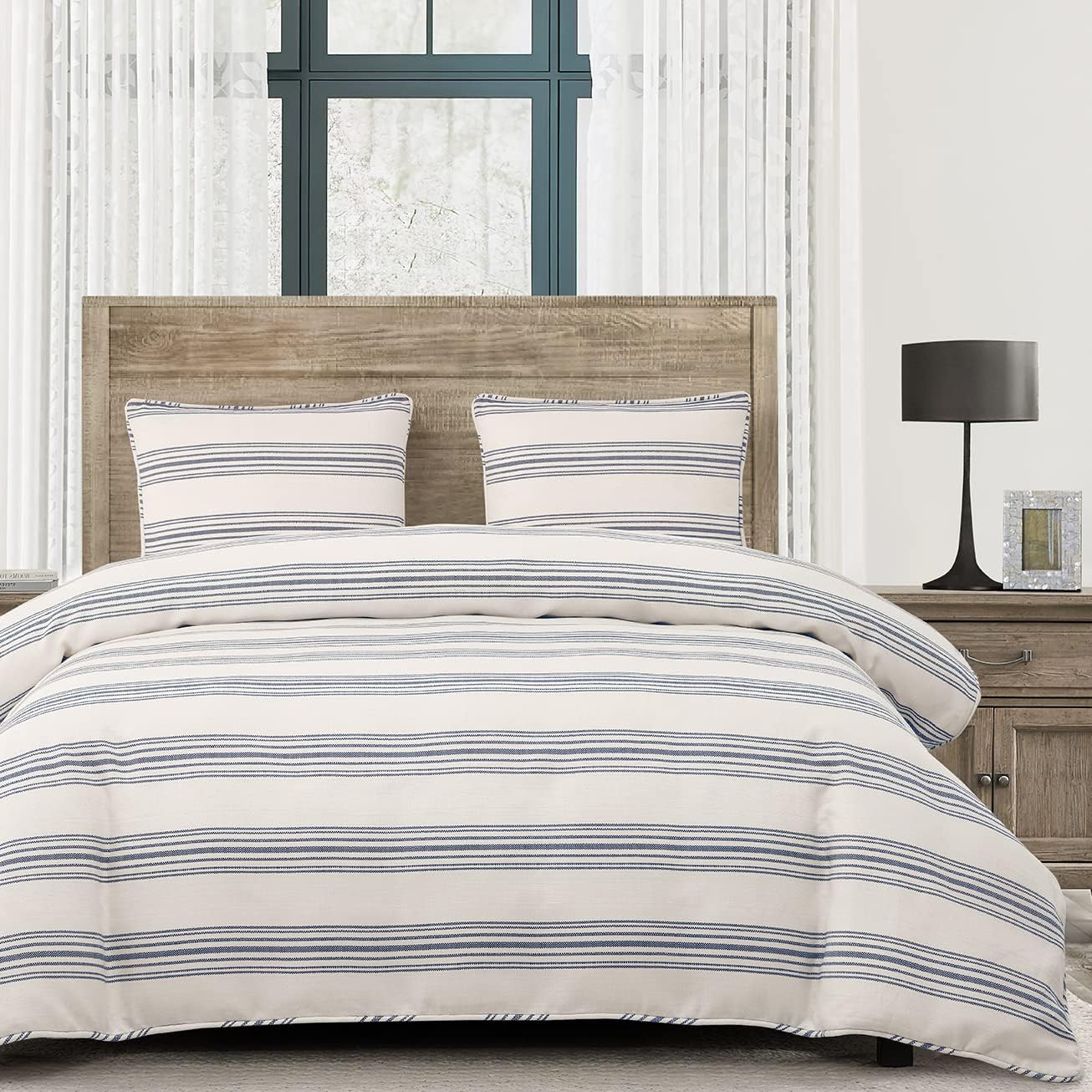 HiEnd Accents Prescott Farmhouse Bedding, 3 Piece Queen Size Striped Comforter Set with Pillow Shams, Ivory Navy Ticking Stripes Pattern, Chic Casual Coastal Boho Style Bed Set