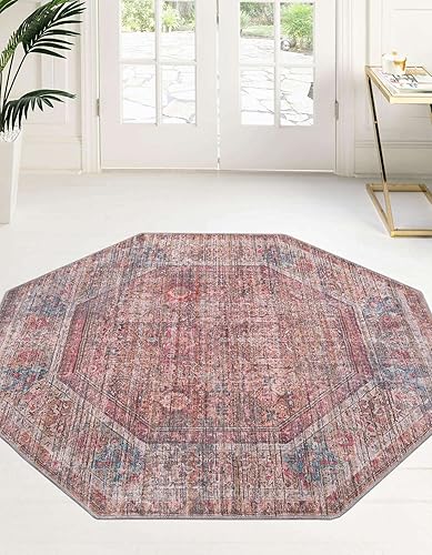 Miniatura 3 de Rugs.com Nostalgia Collection - Alfombra lavable de 5 pies 3 pulgadas, alfombra octagonal de tejido plano rojo óxido y marrón, perfecta para salas