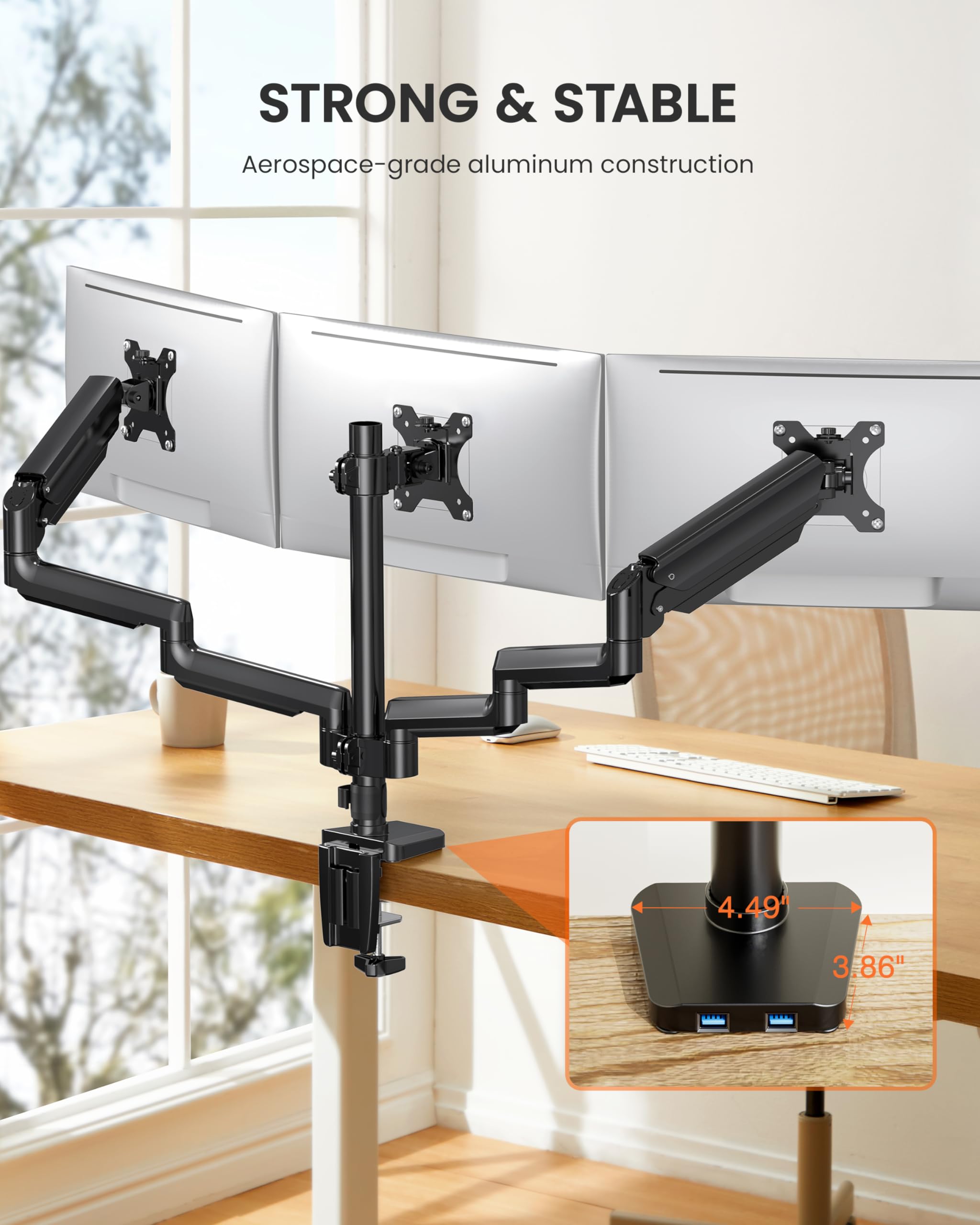 Ergear Supporto Per Monitor Triplo, Braccio per Monitor a Molla a Gas Articolato Completamente Regolabile con Porte USB Per Tre Schermi, Adatto a Schermo LED LCD da 13 a 27 Pollici