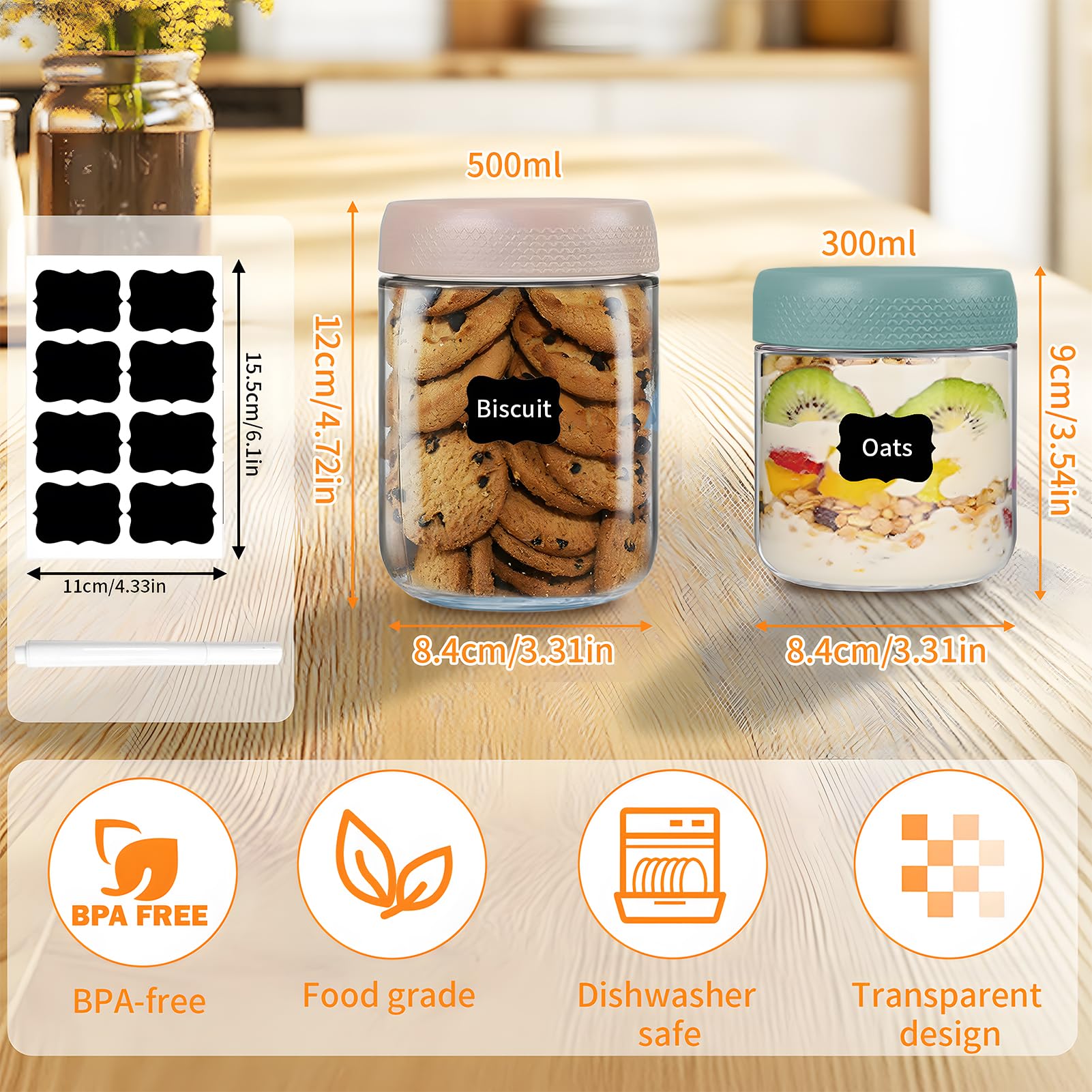 Set di 6 barattoli per overnight oats (300ml+500ml), Barattoli Vetro Ermetici con Coperchio, Vasetti Yogurt per Conservare l'avena, Yogurt, Cereali, Marmellate, Budino, Alimenti Bambini