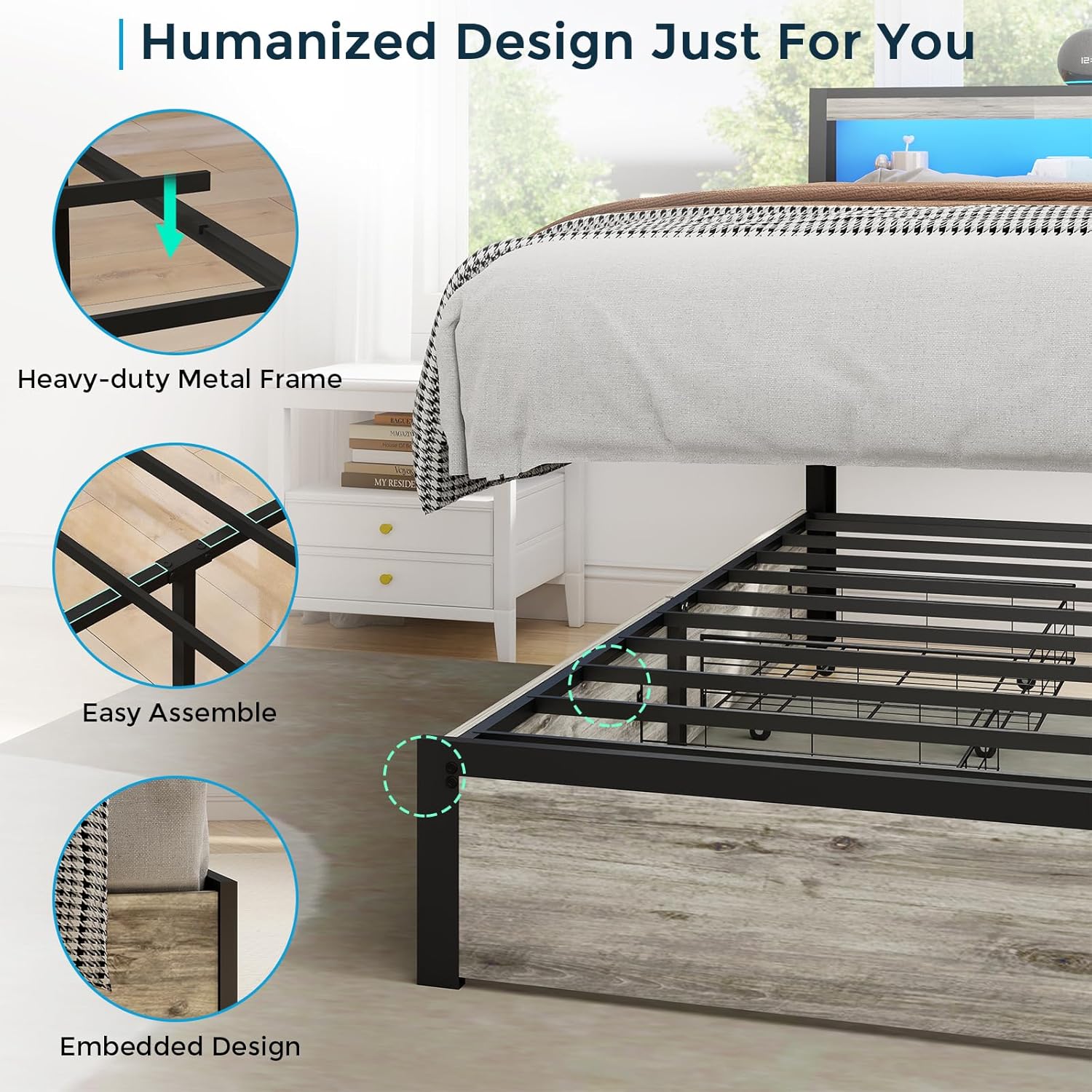 UINTAI King Size Bed Frame with Storage Headboard, Metal Platform King Bed Frame Wood with 4 Drawers, LED Light, Charging Station, No Box Spring Needed, Noise Free, Easy Assembly, Grey