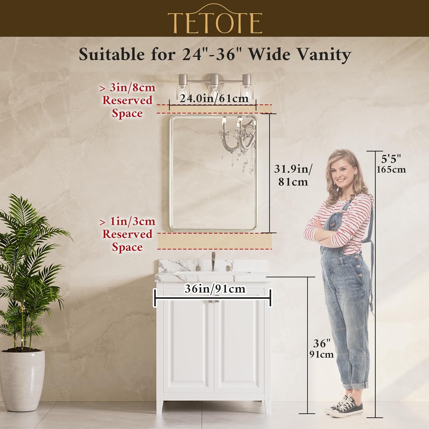 TETOTE Brushed Gold Framed Vanity Mirror 24 x 32 Beveled Edge Tempered Glass, Rounded Corner Rectangle Bathroom Mirror for Over Sink for Modern Bathroom, Living Room, Bedroom, Entryway