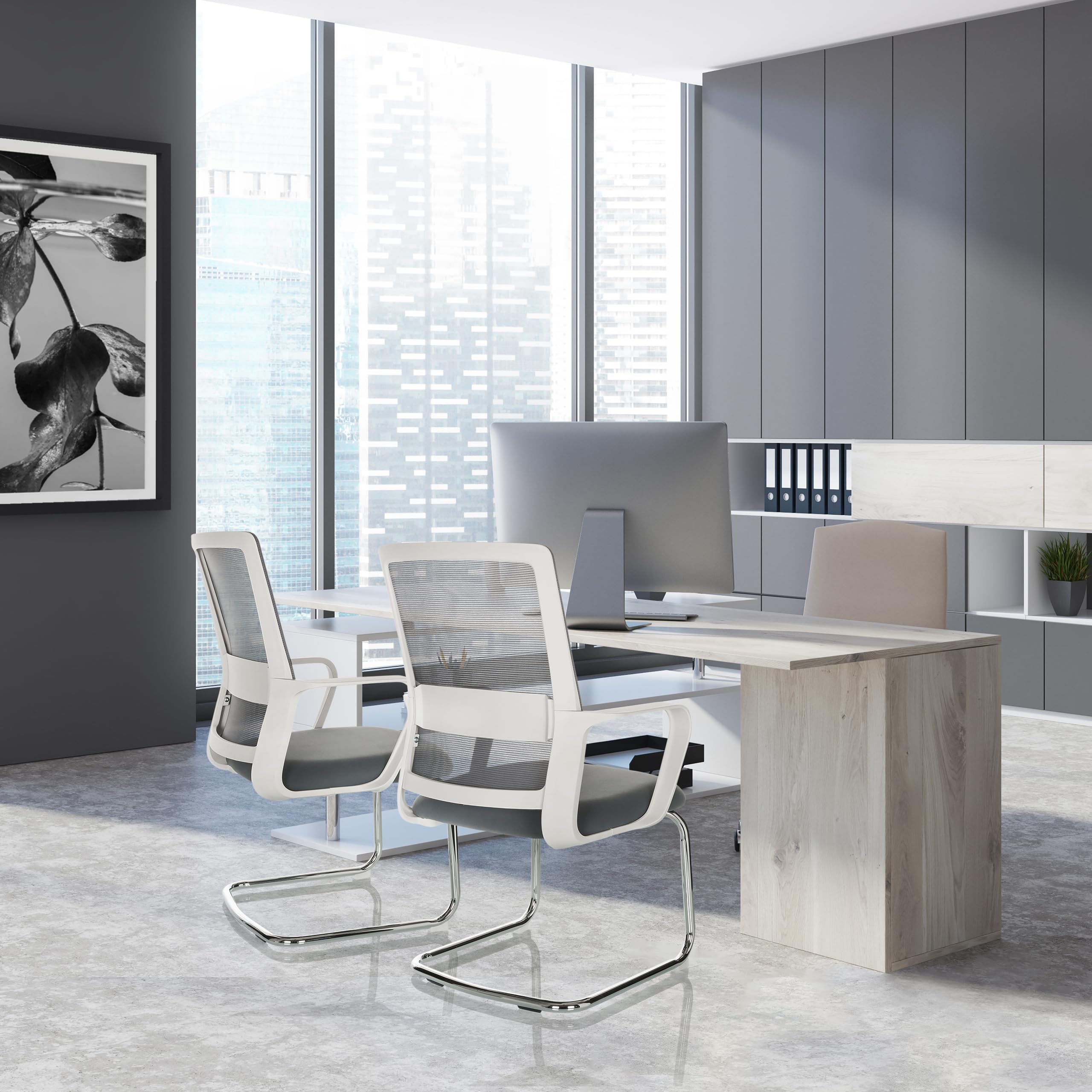 hjh OFFICE Freischwinger Stuhl Visiter W Stoff/Netzstoff Stuhl Besucherstuhl mit Lordosenstütze, ergonomisch, Grau, 729442