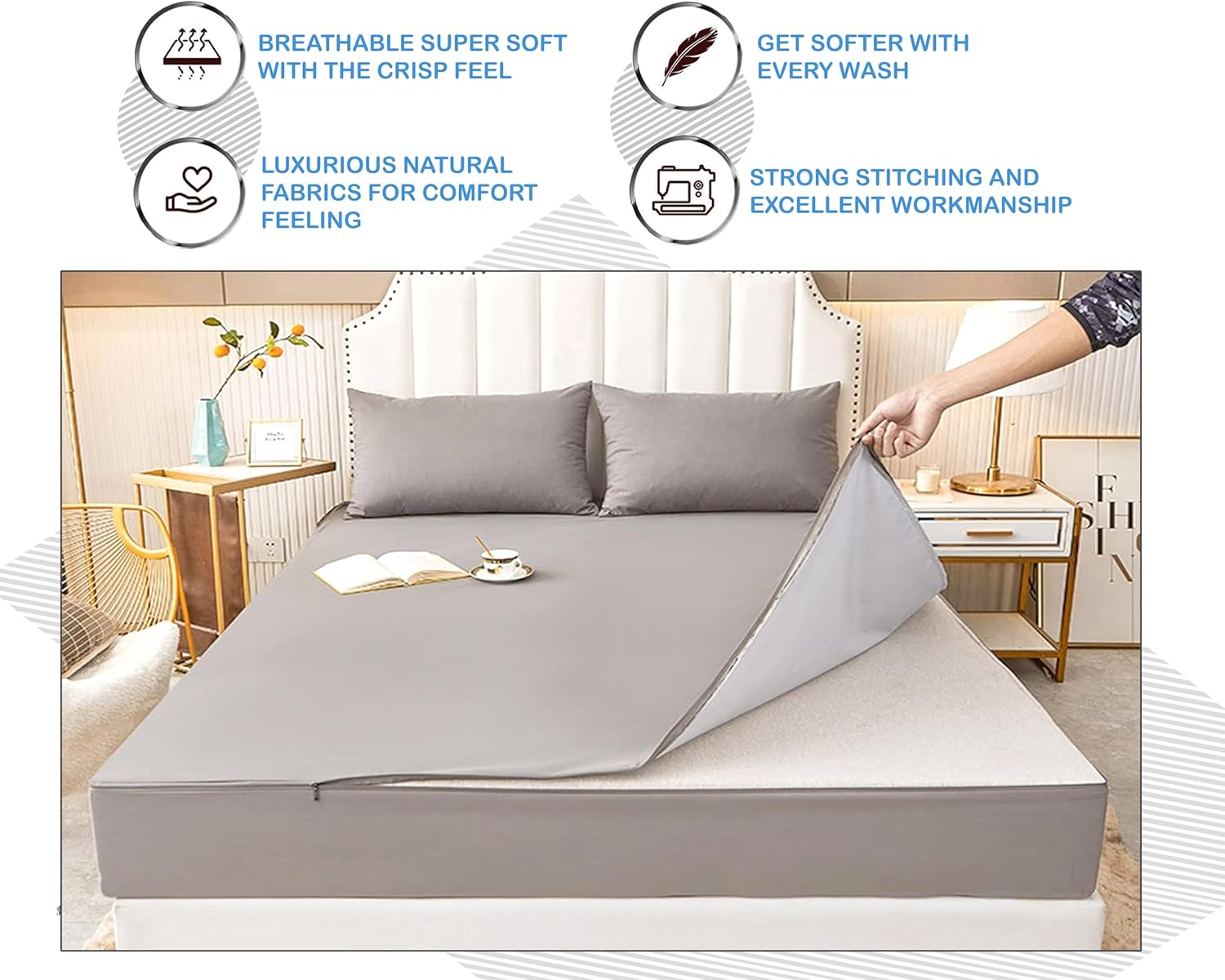 Zip On Fitted Sheet - Includes 2 Zip-On Sheets & 1 Fitted Sheet Base - Upto 16” Inch Deep Pockets Cal King Size Zipper Fitted Sheets - Luxury Soft Cotton 600 TC Fitted Sheet - Navy Blue