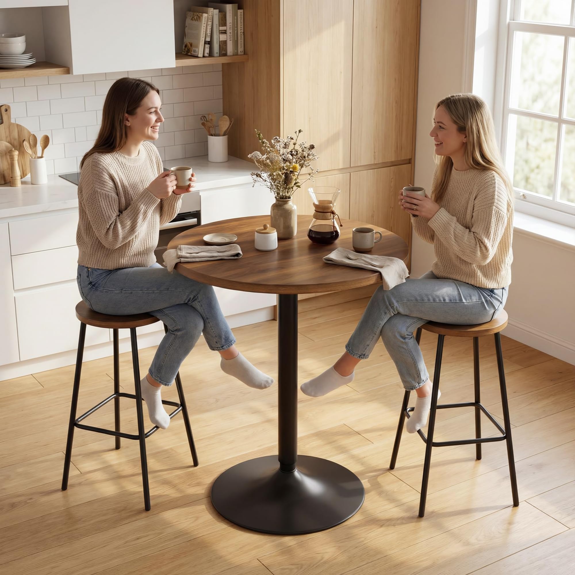 HOMCOM Table de Bar Ronde 60 cm, Table Haute Cuisine Mange-Debout avec Patins antidérapants, Cadre en métal, pour Cuisine, Salon, Noyer