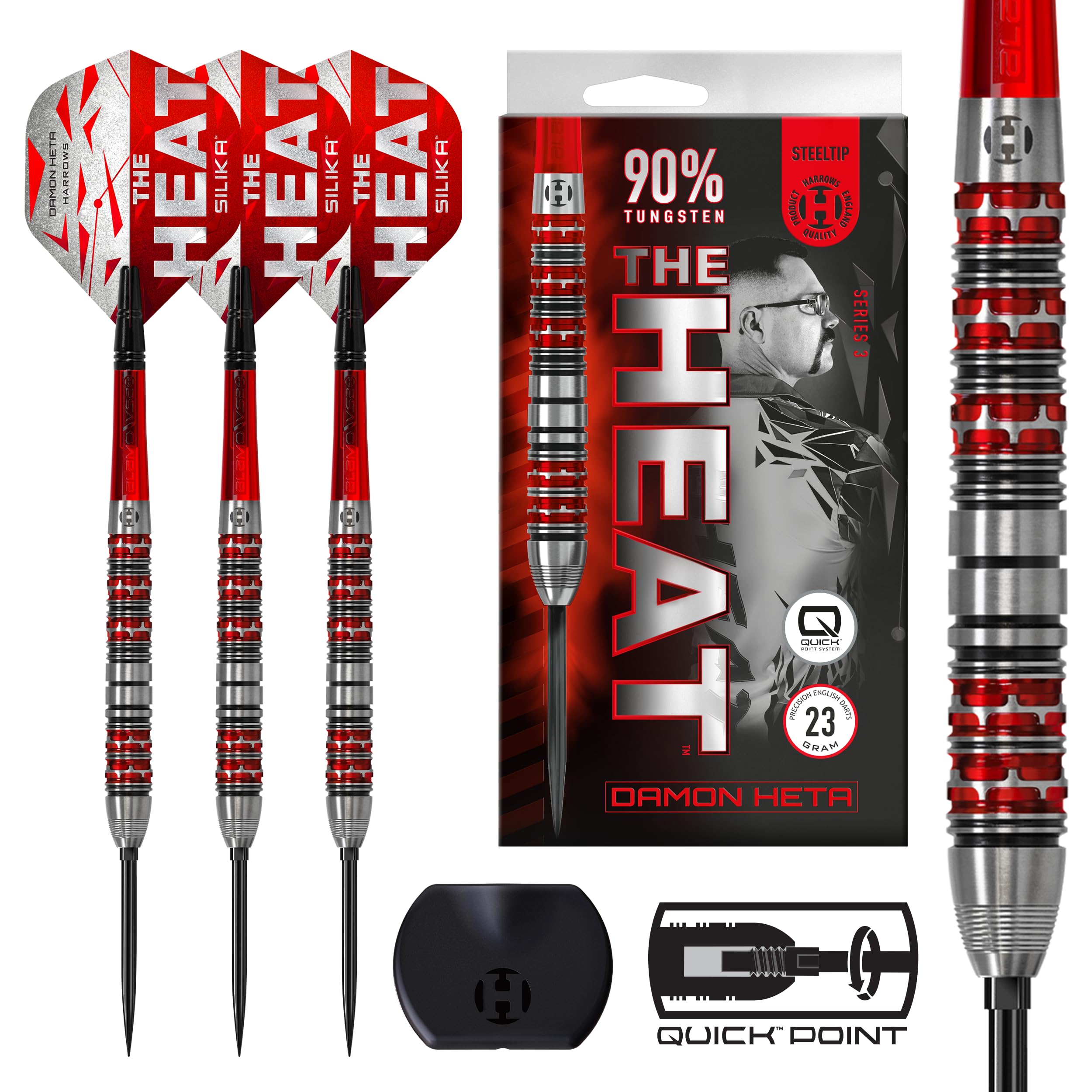Harrows Damon Heta 'Series 3' 90% Tungsten Steel Tip Darts Set (21g) with Quick Point Change System Set | Professional Darts