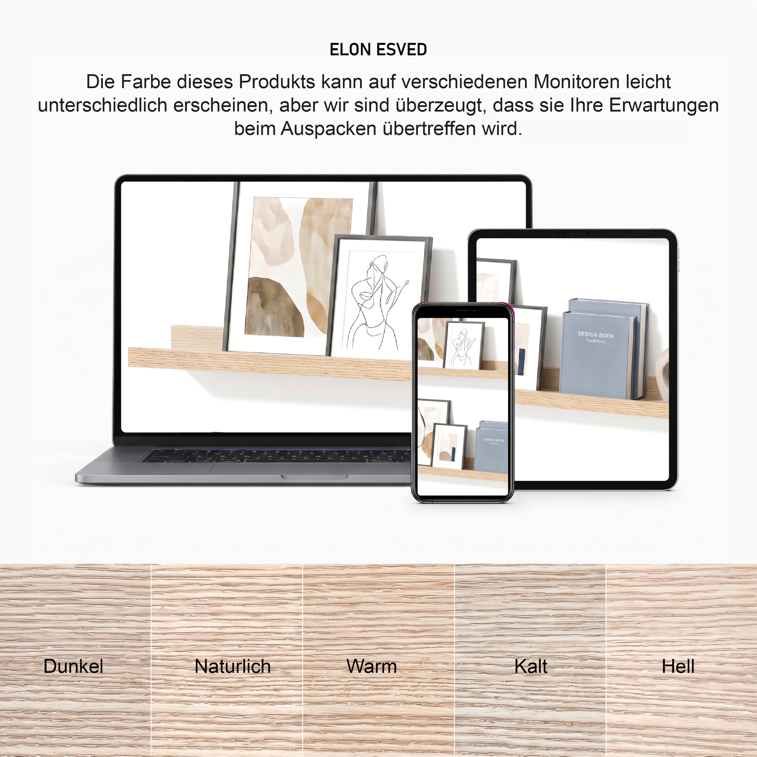 Bilderleiste Eiche 90 cm, 2er Set Schweberegal mit erhöhter Vorder- und Rückkante, großes Wandboard für Bilderrahmen, Pflanzen und Dekoration, Regal für Wohnzimmer, Schlafzimmer und Flur