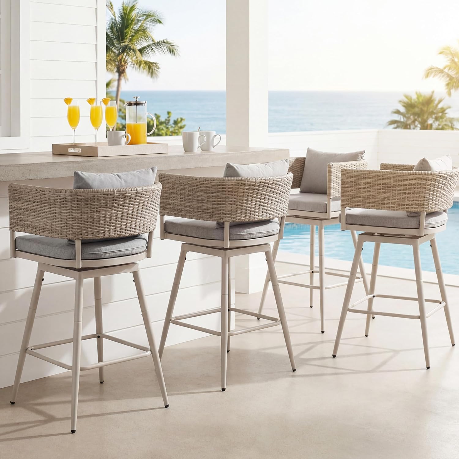 Outdoor Swivel Bar Stools Set of 4, Modern Patio Counter Stools, All-Weather Outdoor Bar Chairs with Armrests for Backyard, Balcony, Poolside & Outdoor Entertaining, Grey