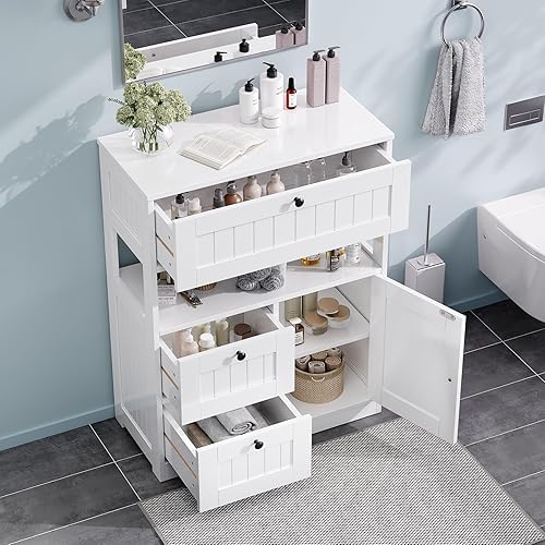 Miniatura 4 de Armario de baño, moderno organizador de armario de almacenamiento de piso de baño con 3 cajones y estantes ajustables, muebles para el hogar para