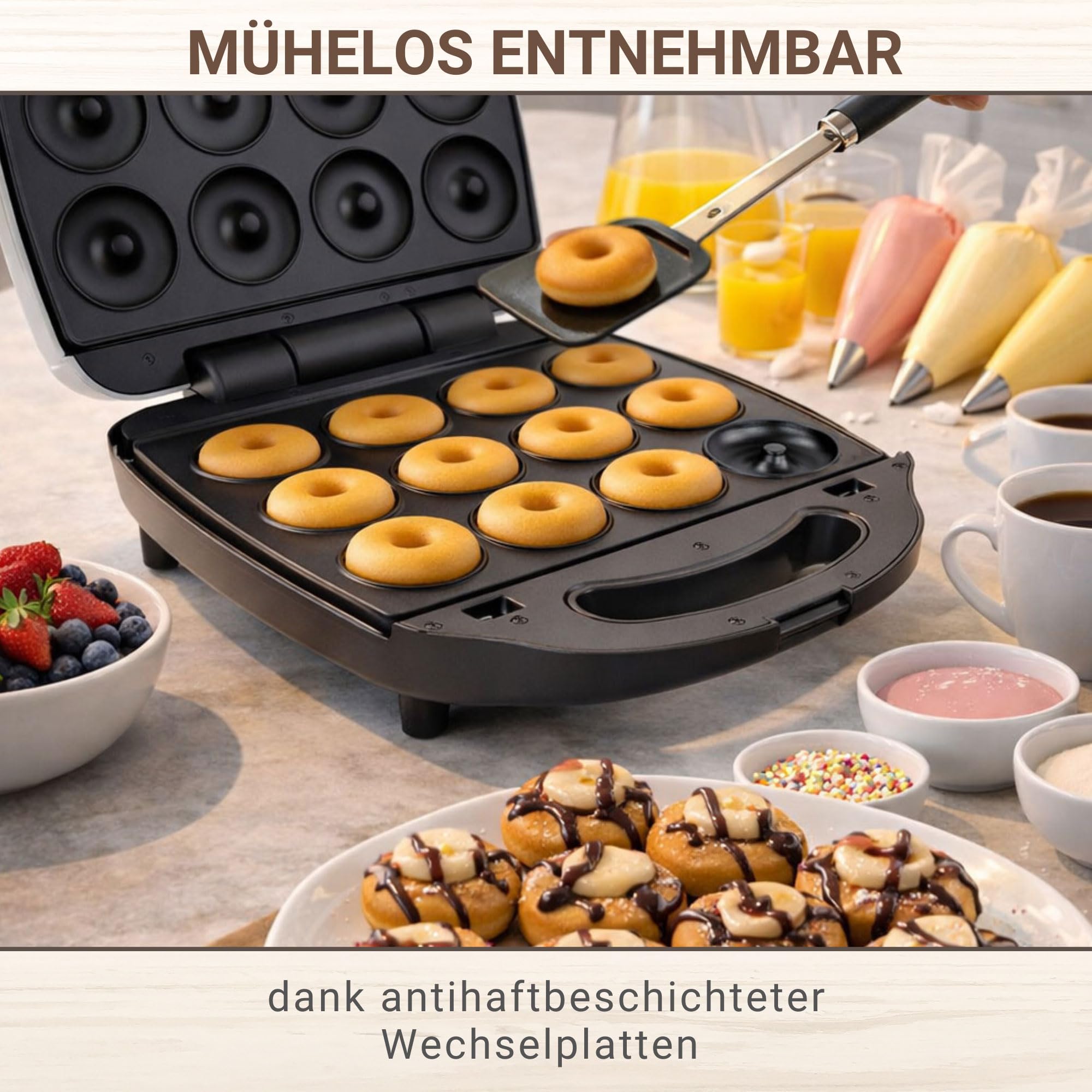 Syntrox Germany Kombigerät mit Wechselplatten, 2000 Watt Leistung, Edelstahl, Silbernes Design, Antihaftbeschichtet, einfache Reinigung, Küchenmaschine (Donut)