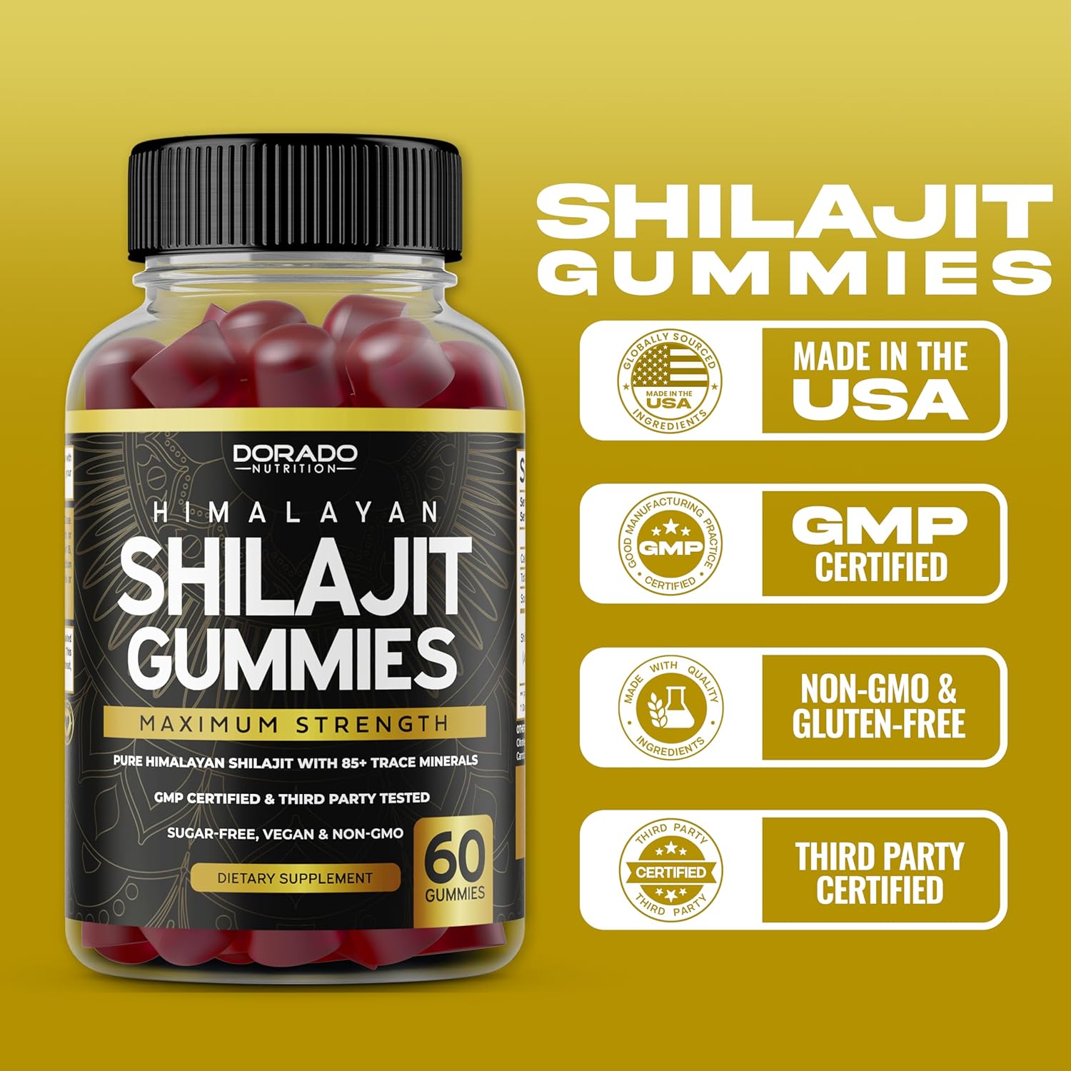 Shilajit Gummies For Men & Women 1000mg (High Potency Gold Grade with 85+ Trace Minerals with Fulvic Acid) - Energy & Immunity Support - Third Party Tested, Non GMO, Vegan & Made in USA - (60 Gummies) - Image 6