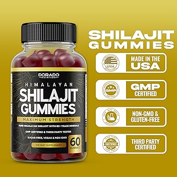 Shilajit Gummies For Men & Women (High Potency Gold Grade with 85+ Trace Minerals with Fulvic Acid) - Energy & Immunity Support - Third Party Tested, Non GMO, Vegan & Made in USA - (60 Gummies)
