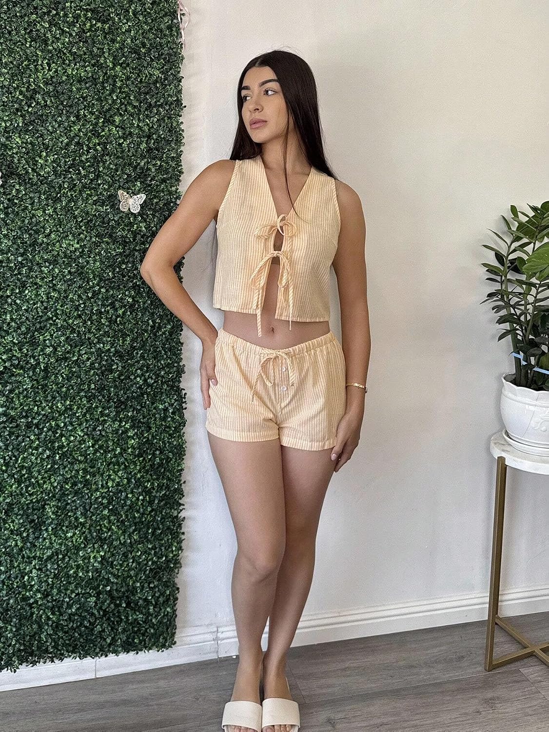 Womens 2 Piece Outfits Set - Sleeveless V Neck Blouse And Shorts For Casual Summer Wear