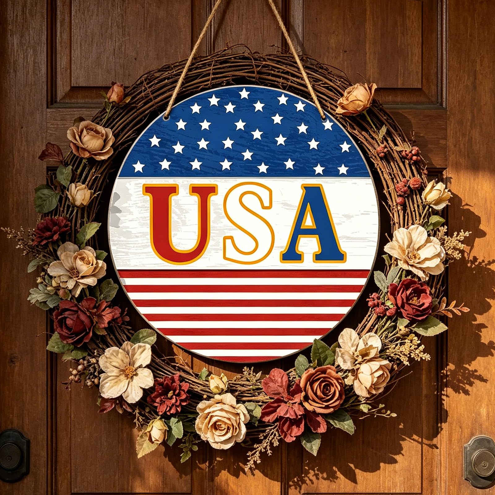 4Th of July Patriotics Door Decorations, Independence Day Welcome Sign Decors Door Hangers Wreath for Memorial Day Decors Wood Patriotics Wreath