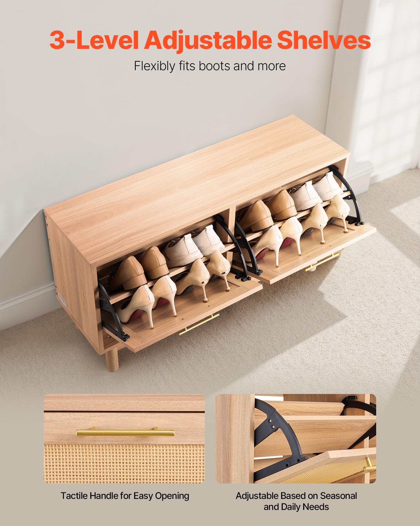VEVOR Panca Portascarpe da Ingresso, Scarpiera con Panca Portascarpe 100x30x53 cm, Contenitore con 2 Cassetti, Scarpiera da 136 kg, 4 Scomparti e 2 Ante in Rattan, per Corridoio, Soggiorno