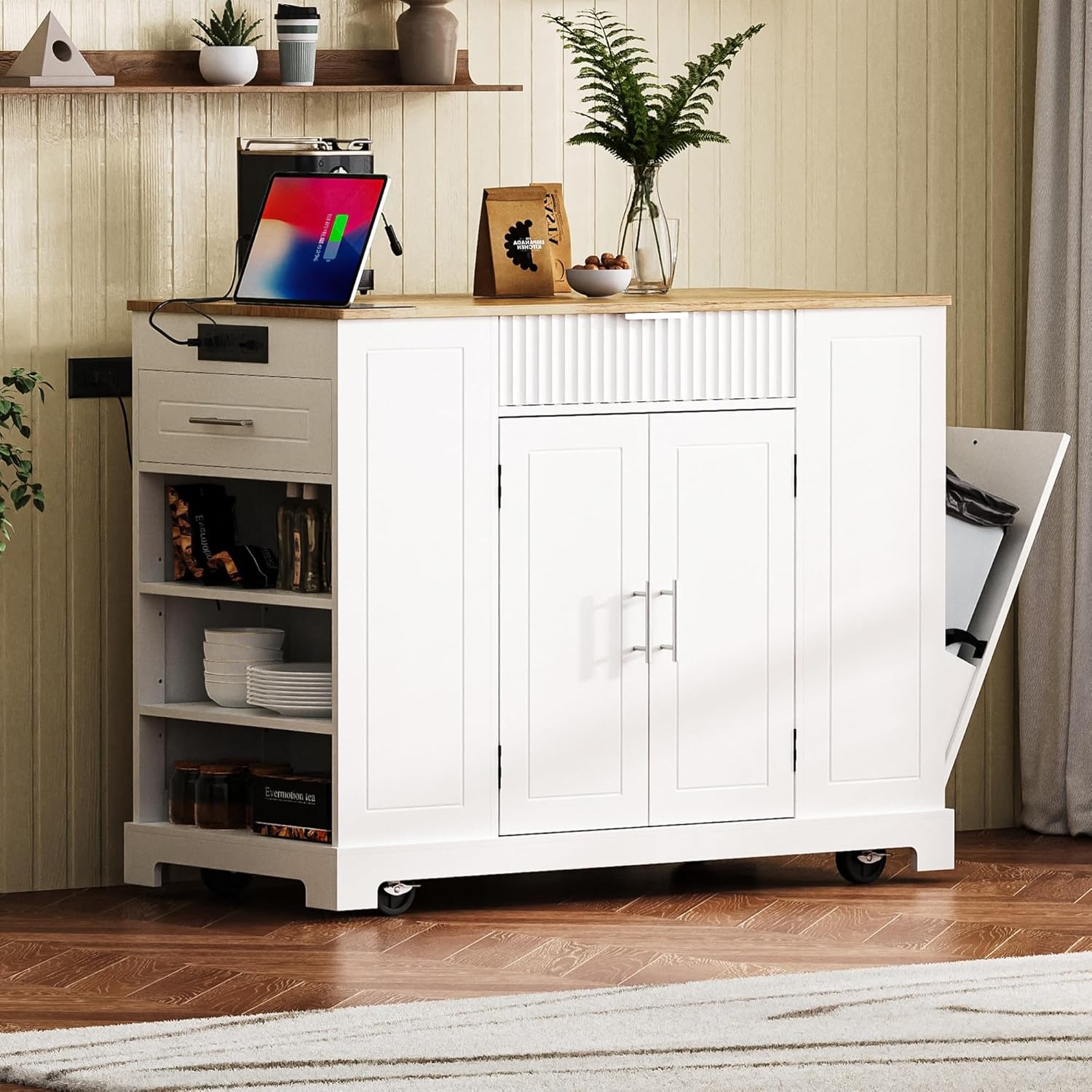 Kitchen Island with Trash Can Storage Cabinet and Power Outlet, Rolling Kitchen Cart on Wheels with Internal Storage Rack, Drawers, Open Side Racks for Dining Room (48.5", White)