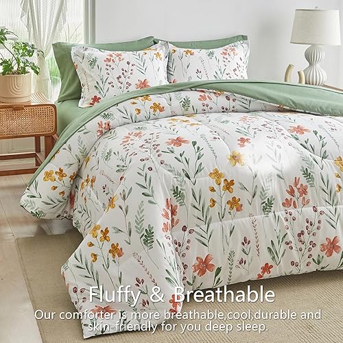 Miniatura 4 de AIKASY - Juego de cama de 7 piezas, estampado floral, microfibra suave, juego de edredón de cama reversible (1 edredón, 2 fundas de almohada, 1
