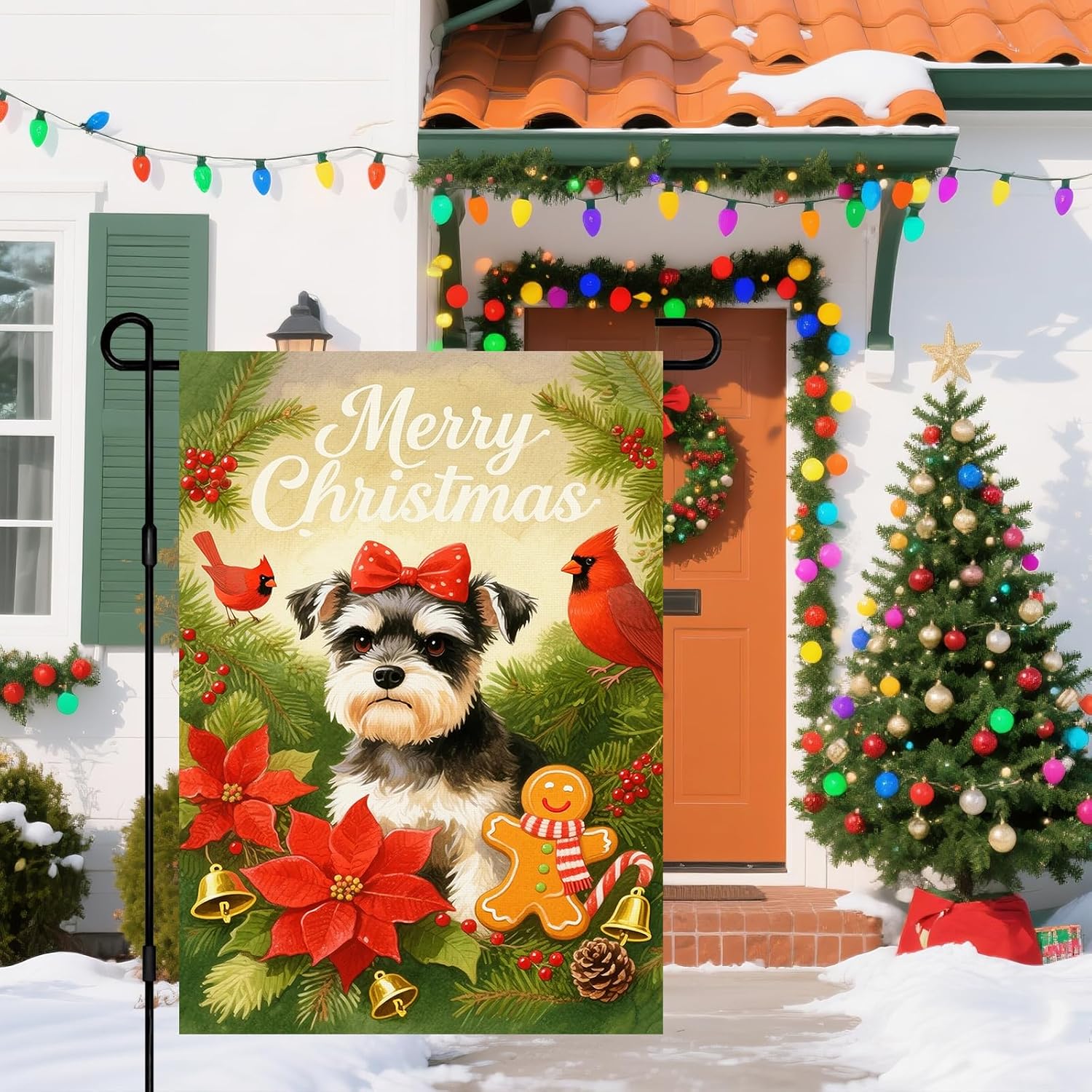 IVN Christmas Garden Flag 12x18 Inch Double Sided Schnauzer Dog with Poinsettia Flowers Redbird and Gingerbread Man Outdoor Yard Flag for Outside Home Front Door Lawn Porch Patio Welcome Decor - Image 5