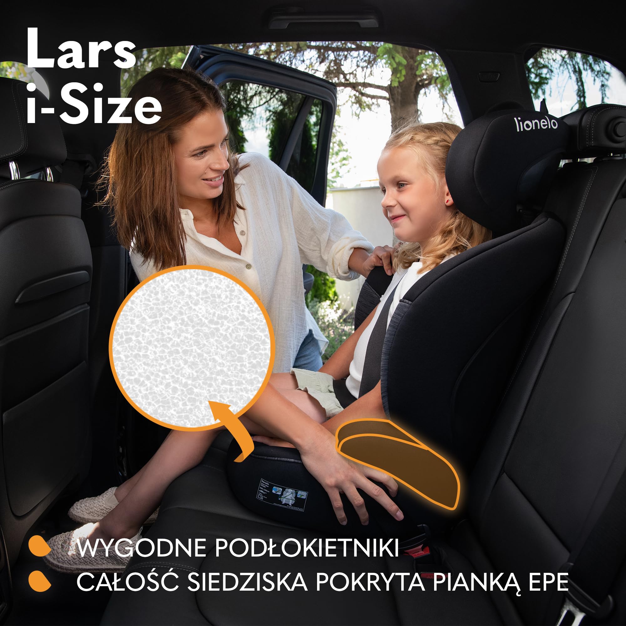 LIONELO LARS i-Size Dziecięcy Fotelik Samochodowy 100-150 cm Grupa 2 3, Ochrona Boczna 10 stopni Regulacji Zagłówka Wygodne Podłokietniki Wypinanie Oparcie Konstrukcja ImpactGuard | 4-12 lat, 15-36 kg, montaż pasów bezpieczeństwa, 10-stopniowa regulacja z
