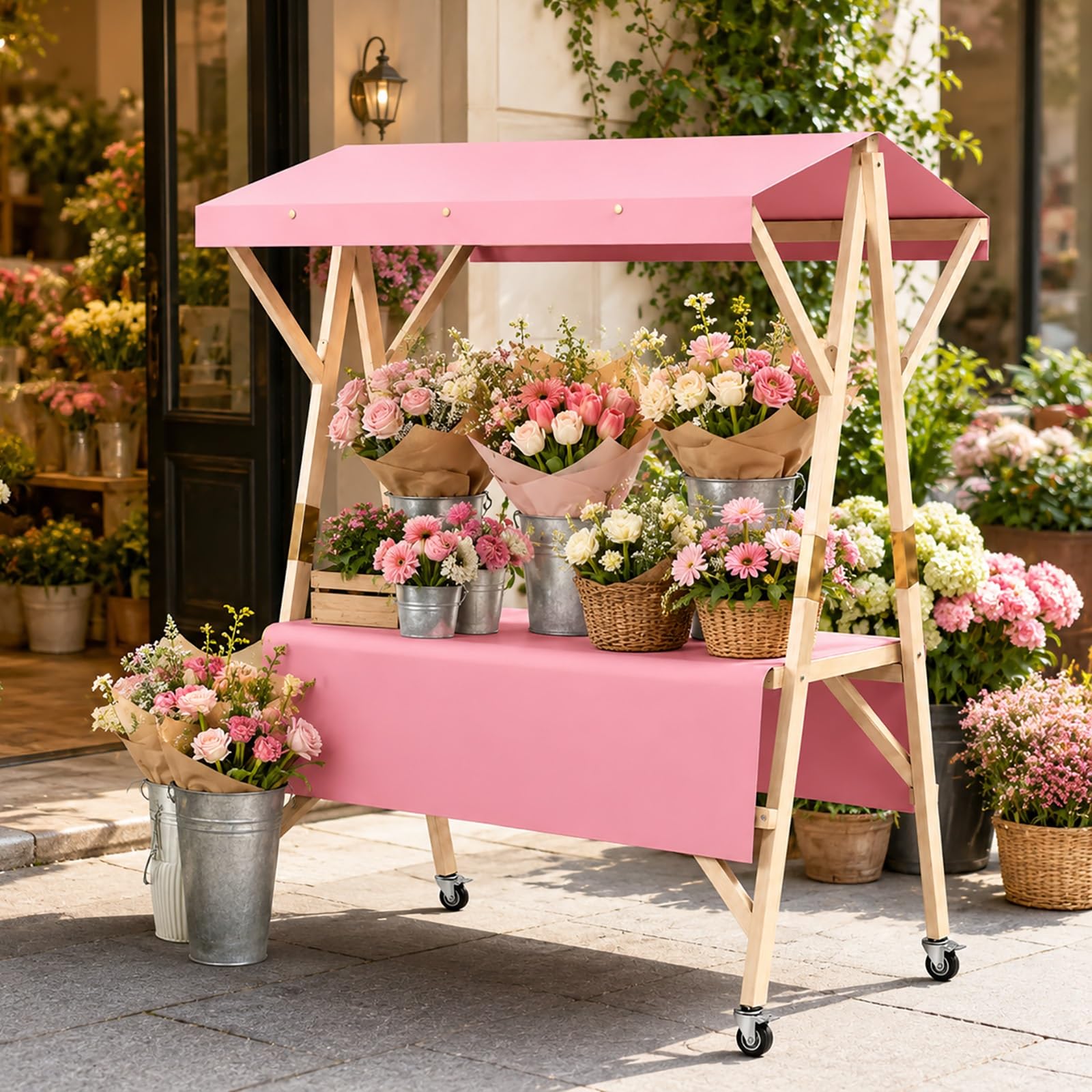 SBCWH Portable Wooden Market Stand with Canopy, Folding Vendor Cart on Wheels, Outdoor Farmers Booth, Lemonade Stall for Street Fairs, Events(Pink,150x60x200cm)