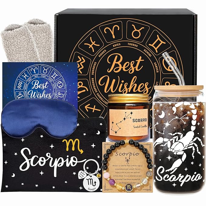 Scorpio Birthday Gifts for Women - Scorpio Glass Cup Gift set for Her - Astrology Basket for Mom Sister - Zodiac Box for Friend - Constellation Basket for Boss Lady Coworker