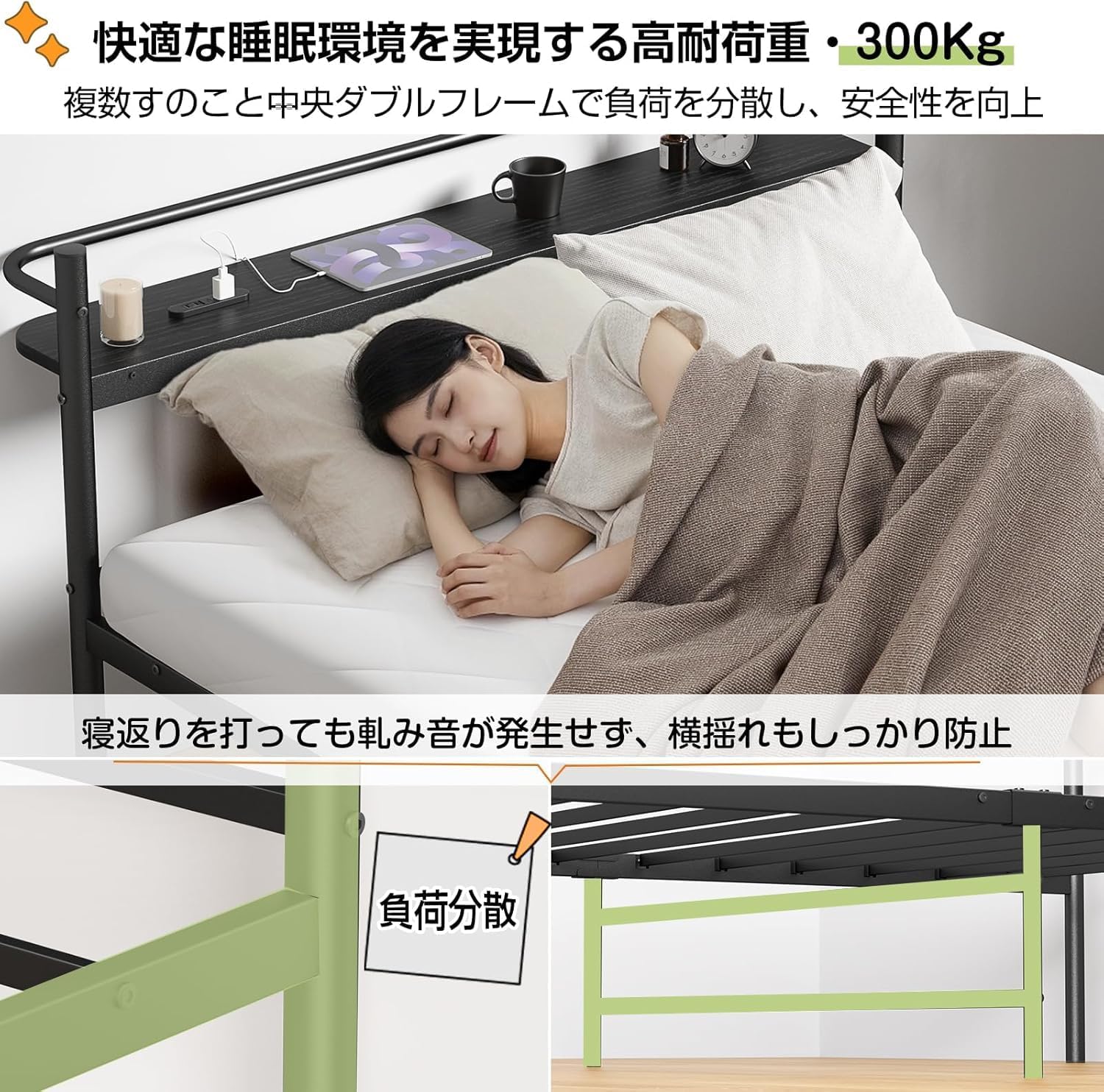 Amazon｜ベッドフレーム セミダブル パイプベッド 耐荷重300Kg 宮棚 2