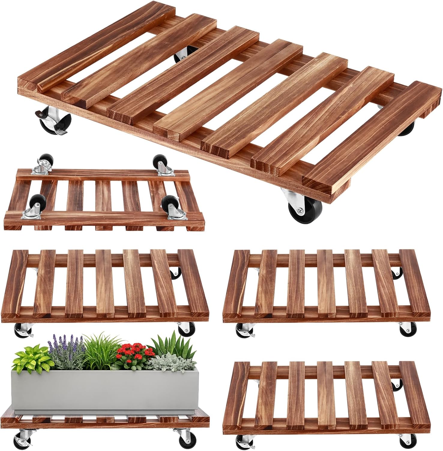 Plant Caddy with Wheels, 4 Pack Rolling Plant Stand Rollers with Casters Wooden 16x12 Inch Plant Dolly with Wheels Heavy Duty Rolling Planter Base for Indoor & Outdoor Plants Rectangle Flower Stand
