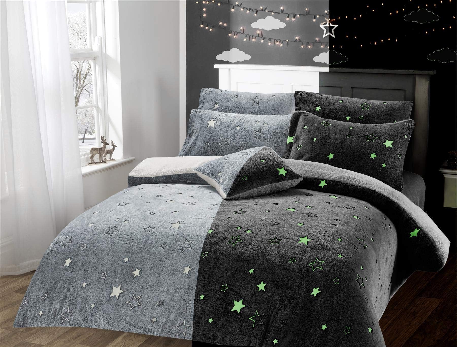 Glow In The Dark Teddy Fleece Duvet Cover Sets Soft Warm Kids Bedding Childrens Quilt Covers Set, Stars Grey Single