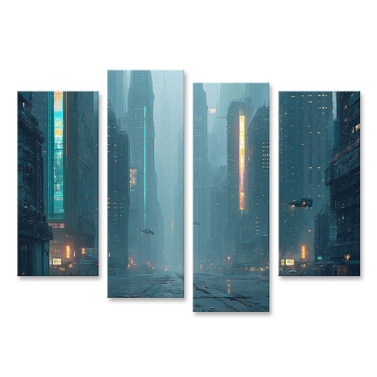 islandburner Quadro su tela Futuristico Cyberpunk City Murale soggiorno per gli appassionati di fantascienza – 4 pezzi
