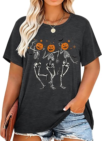 Plus Size Halloween Shirt Women Funny Graphic Short Sleeve Tops Tees