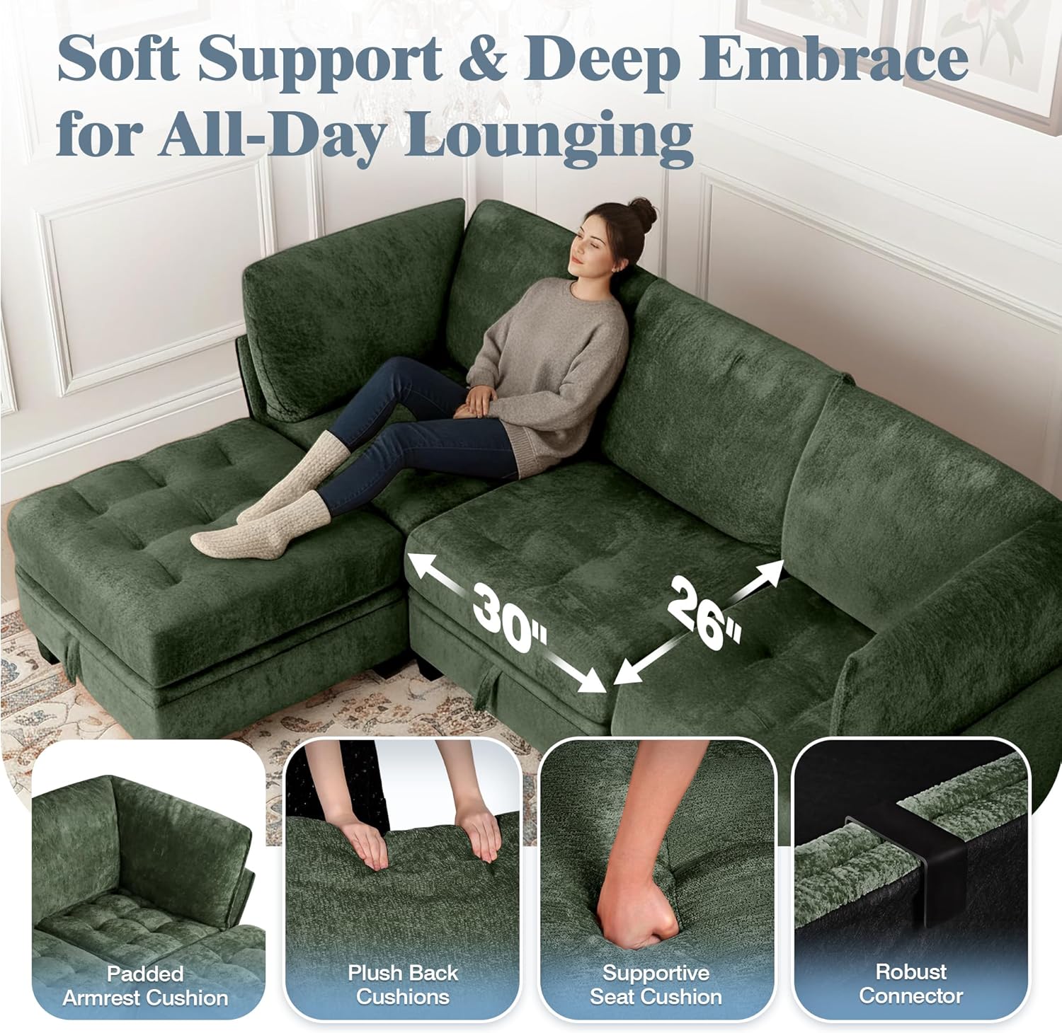 smilesun Oversized Modular Sectional Sofa with Storage Under Each Seat, U-Shaped Chenille Sectional with Extra Deep and Wide Seats, Convertible Comfy Couch for Living Room（Green U-Shaped Couch）