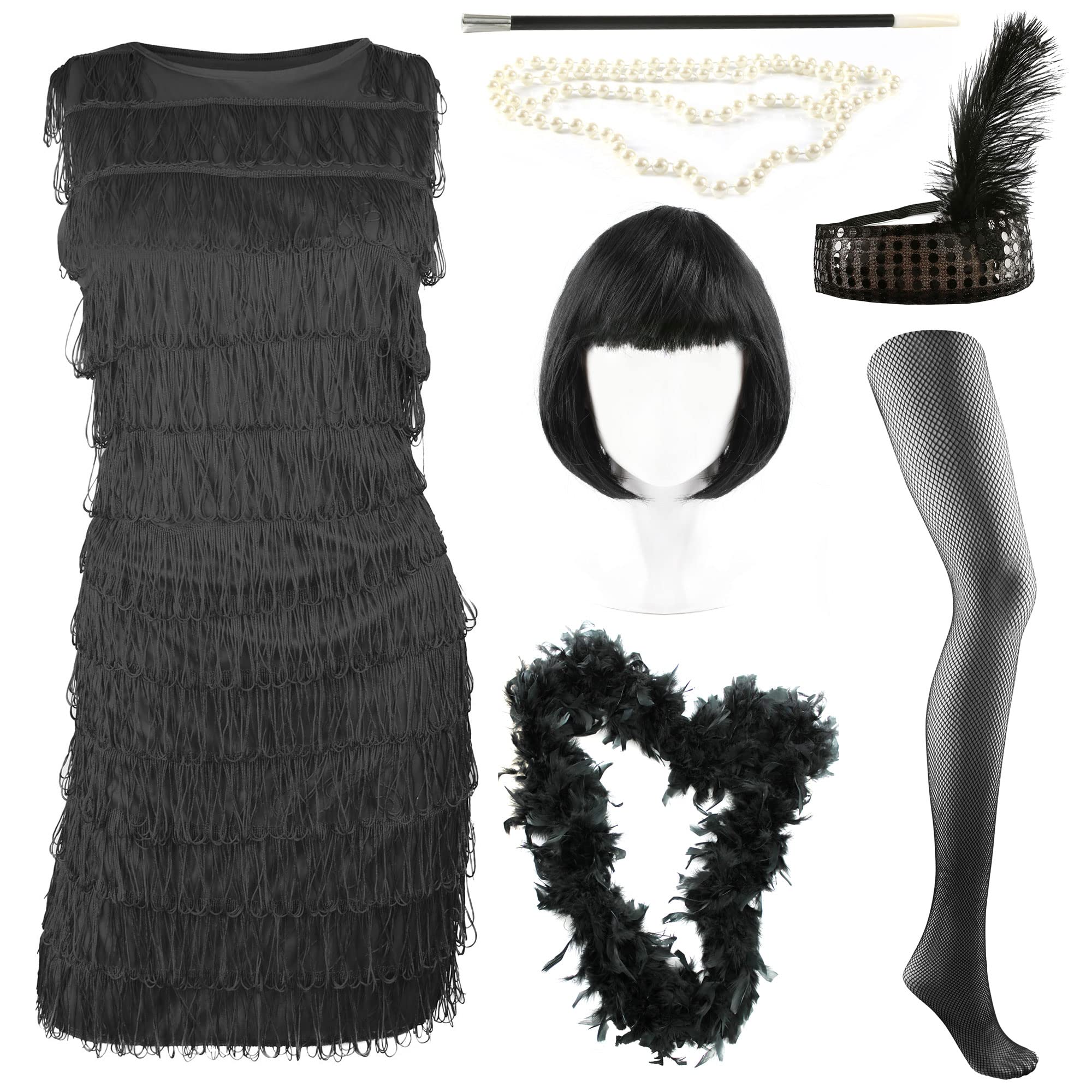 Ilovefancydress® Damen Flapper Kostüm komplett mit Zubehör (Deluxe Schwarz – XL)