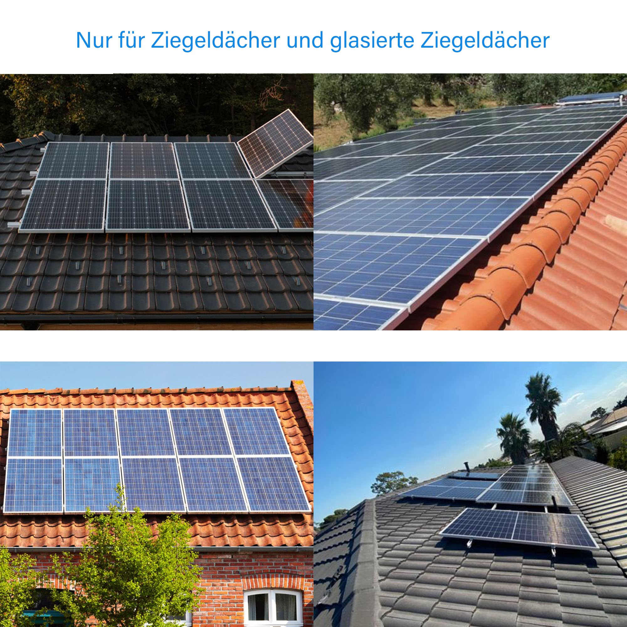 TEOV PV Montageset Ziegeldach Glasziegeldach, Befestigung Solarmodul Halterung mit 30cm Montageschiene und Dachhaken, Solarpanel Halterung mit Endklemme Und Mittelklemme, für 30~35mm 2 Solarmodule
