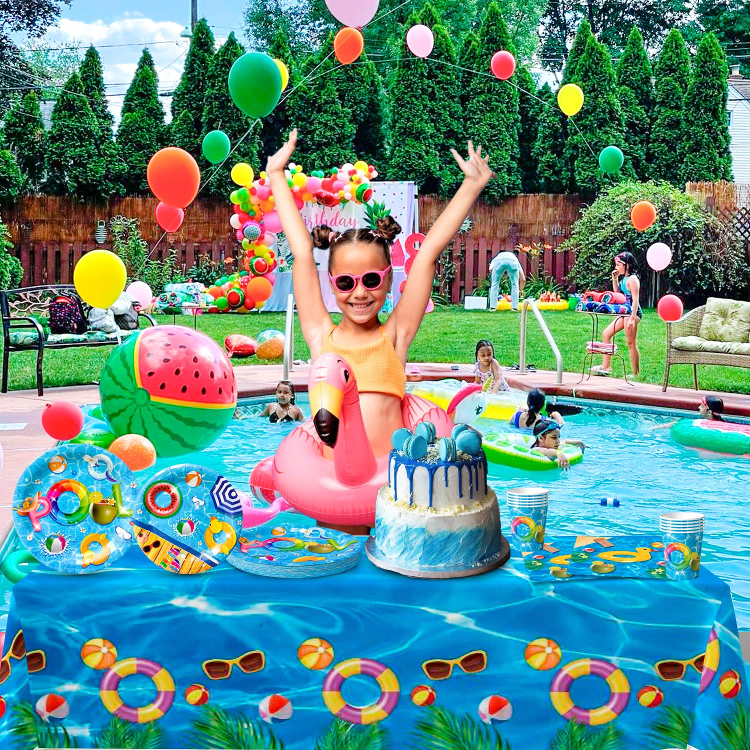 Set di stoviglie per feste in piscina, 97pcs decorazioni per feste in piscina tovaglia, piatti di carta, tovaglioli e bicchieri, per decorazioni da tavola per feste per 24 ospiti