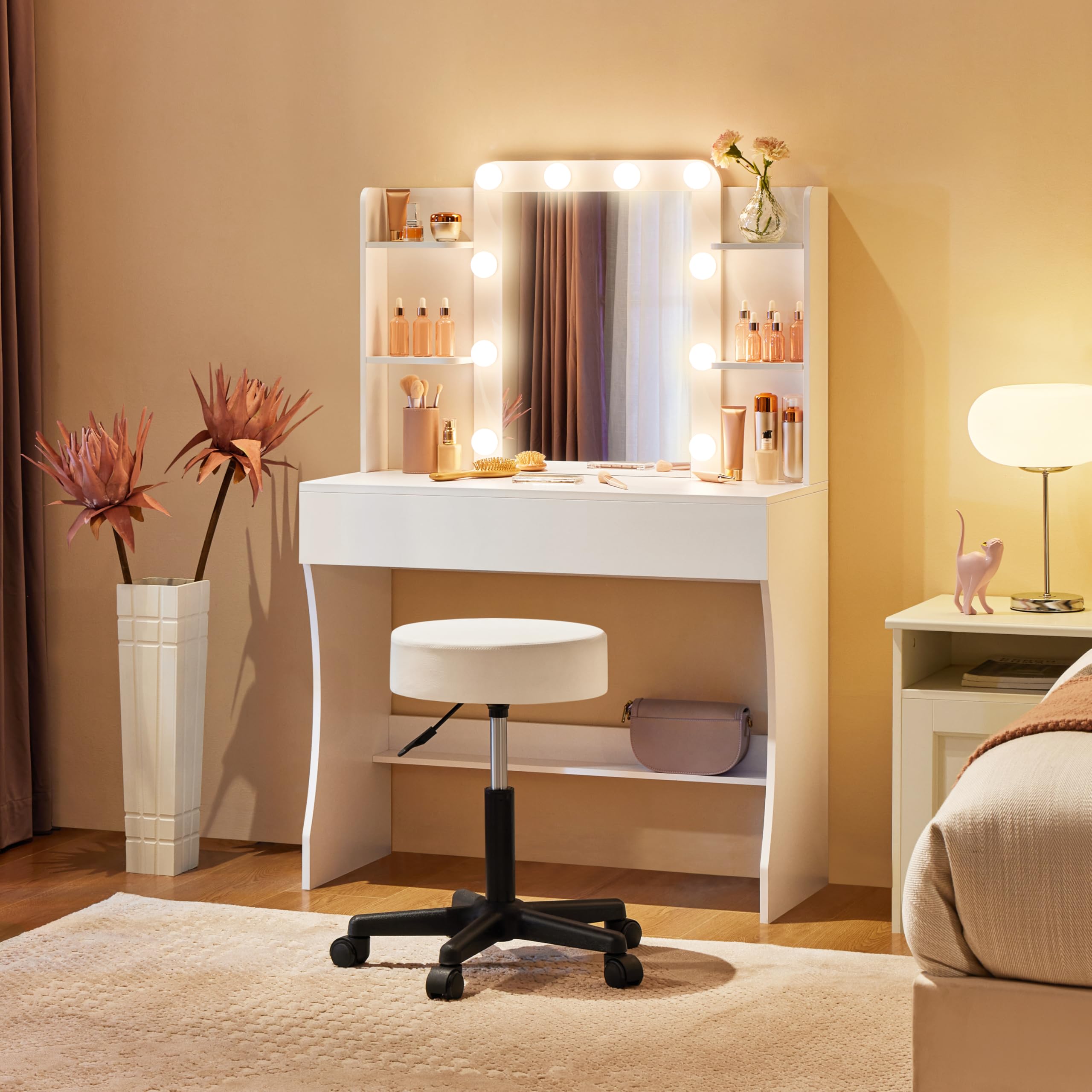 Yaheetech Toeletta Trucco con 10 Luci LED 3 Colori Regolabili e 9 Modalità di Illuminazione Tavolo da Trucco con Specchio in Vetro Temperato 1 Cassetto Grande e 5 Mensole (Bianco)